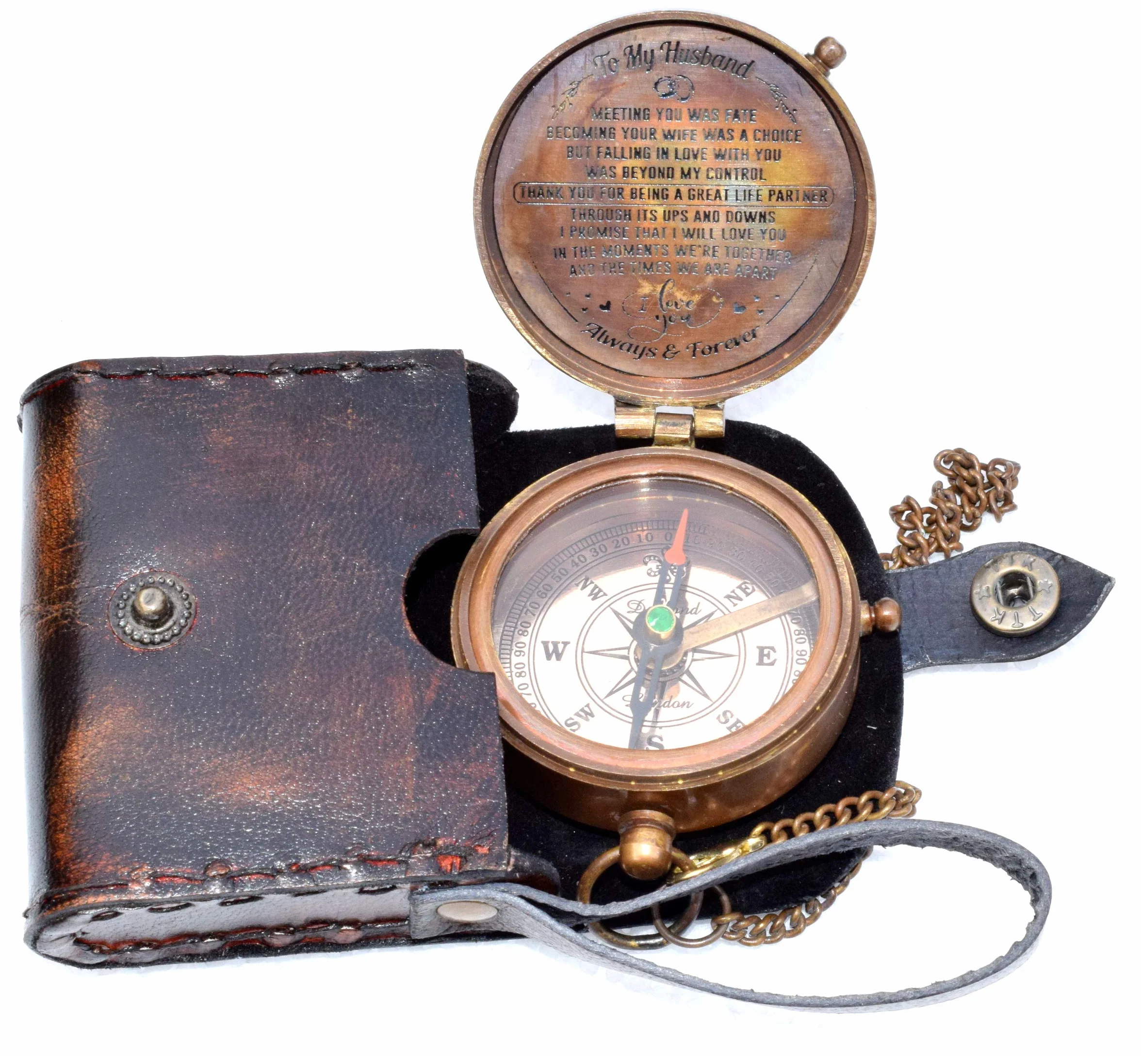 Boussole magnétique directionnelle vintage antique avec citation célèbre des Écritures gravées Cadeau de baptême étui en cuir ou bois