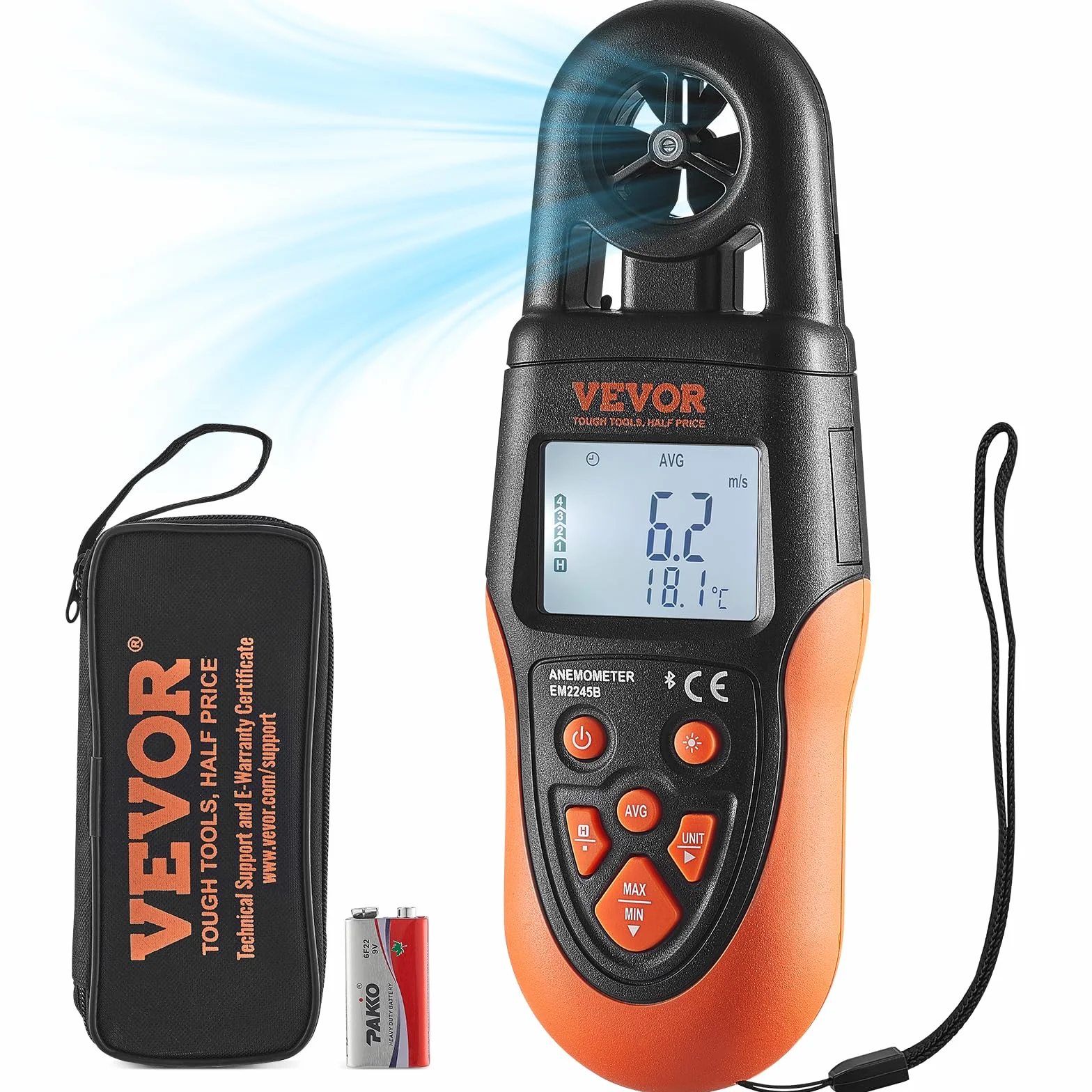 VEVOR Anémomètre Portable -10°C à 60°C Mesure Vitesse du Vent Numérique avec Écran Rétroéclairé LED