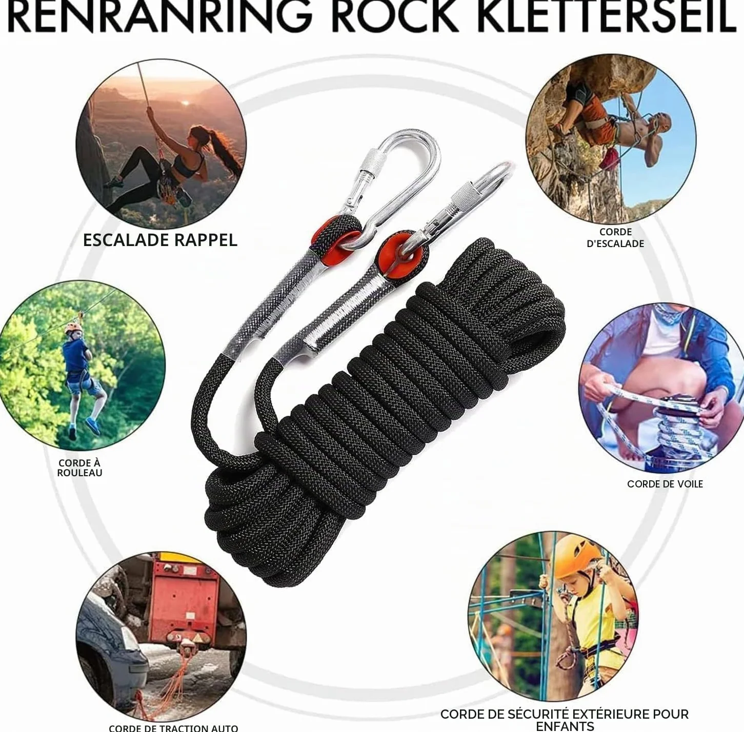 Corde d'escalade statique 10 mm Nylon sécurité extérieure avec mousquetons