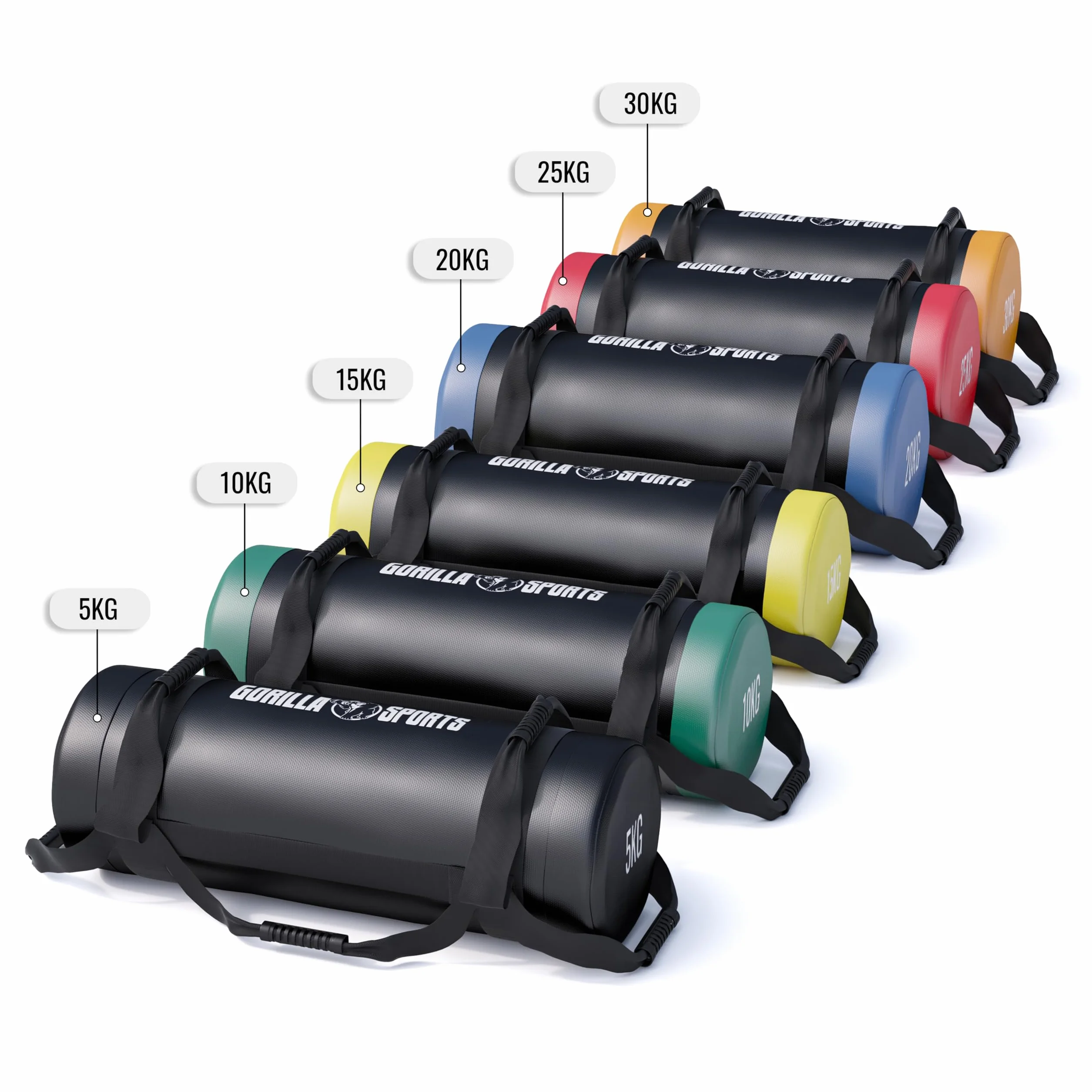 Gorilla Sports Power Bag 30 kg, Rempli, 6 Poignées Antidérapante, Similicuir, Sac de Sable Musculation