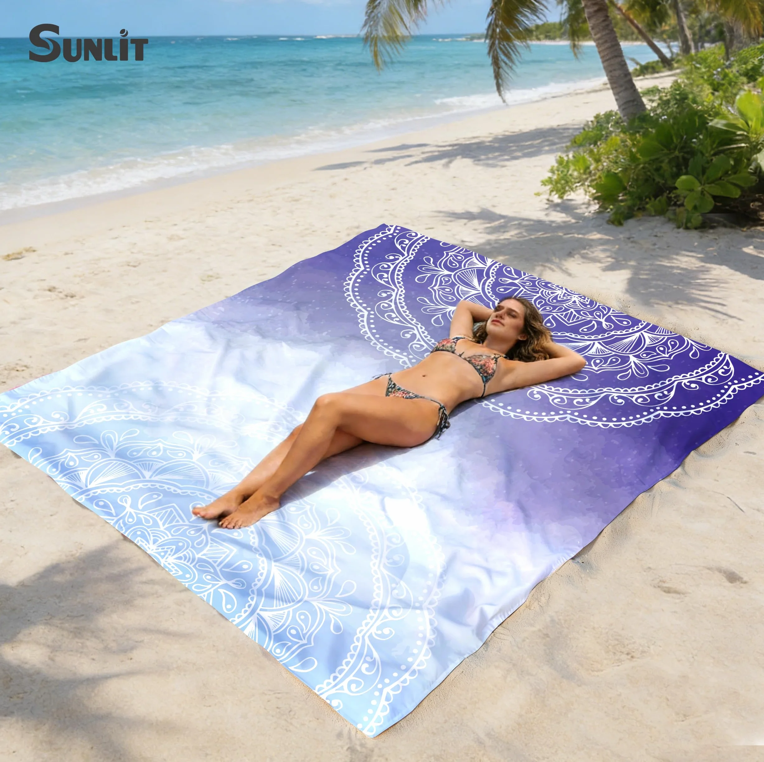 Couverture de Plage Anti-Sable 215,9 x 182,9 cm avec Poches d'angle et Sac en Maille, Motif
