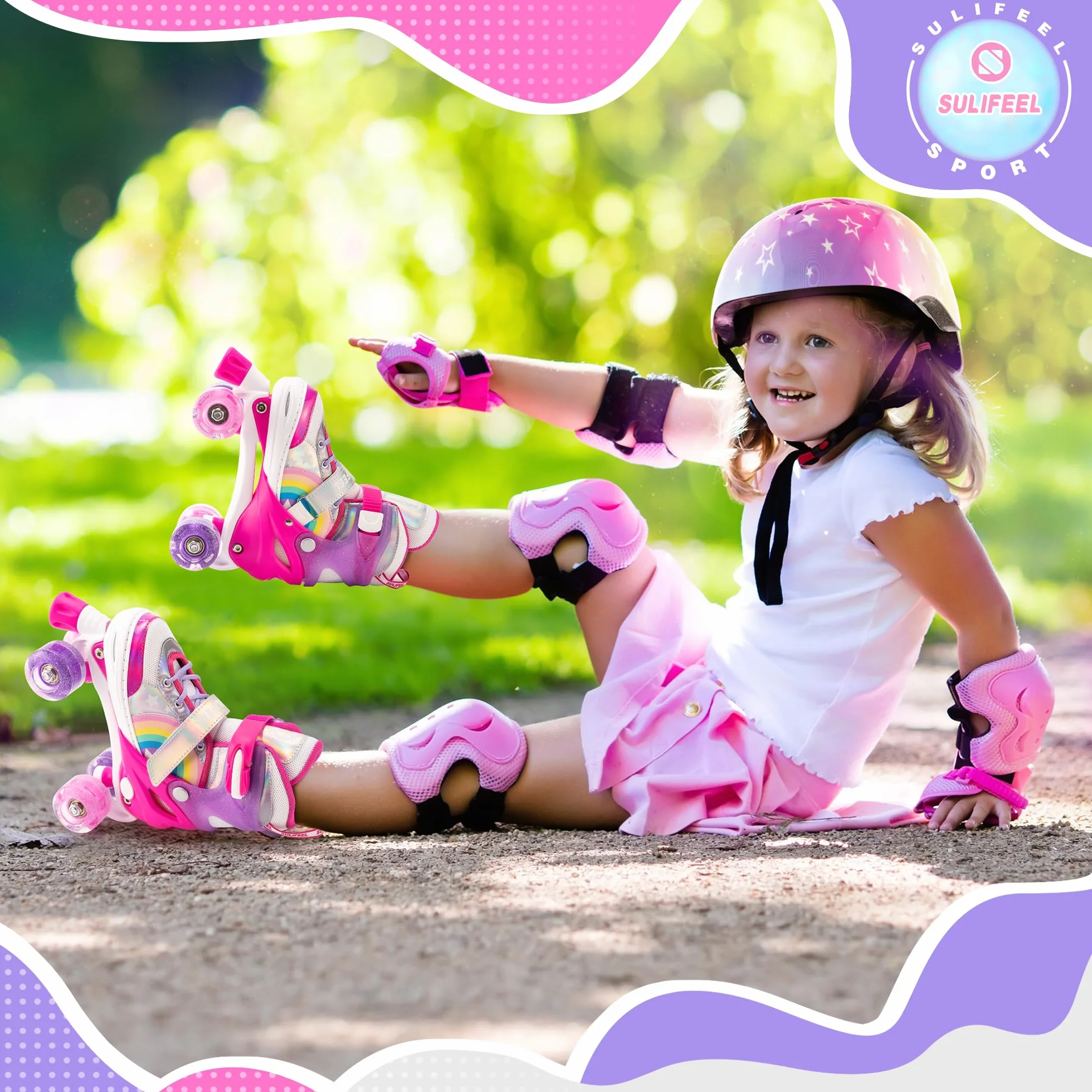 SULIFEEL Rainbow Unicorn Roller Skates Patins à roulettes Réglable Roues LED, Rollers Quad Enfants Femmes