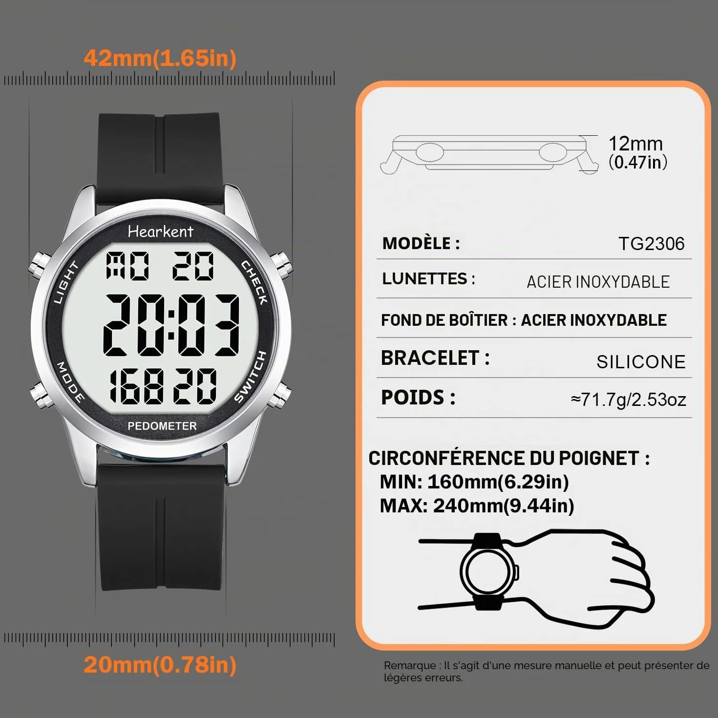 Montre podomètre grands chiffres LCD compteur pas calories sans application