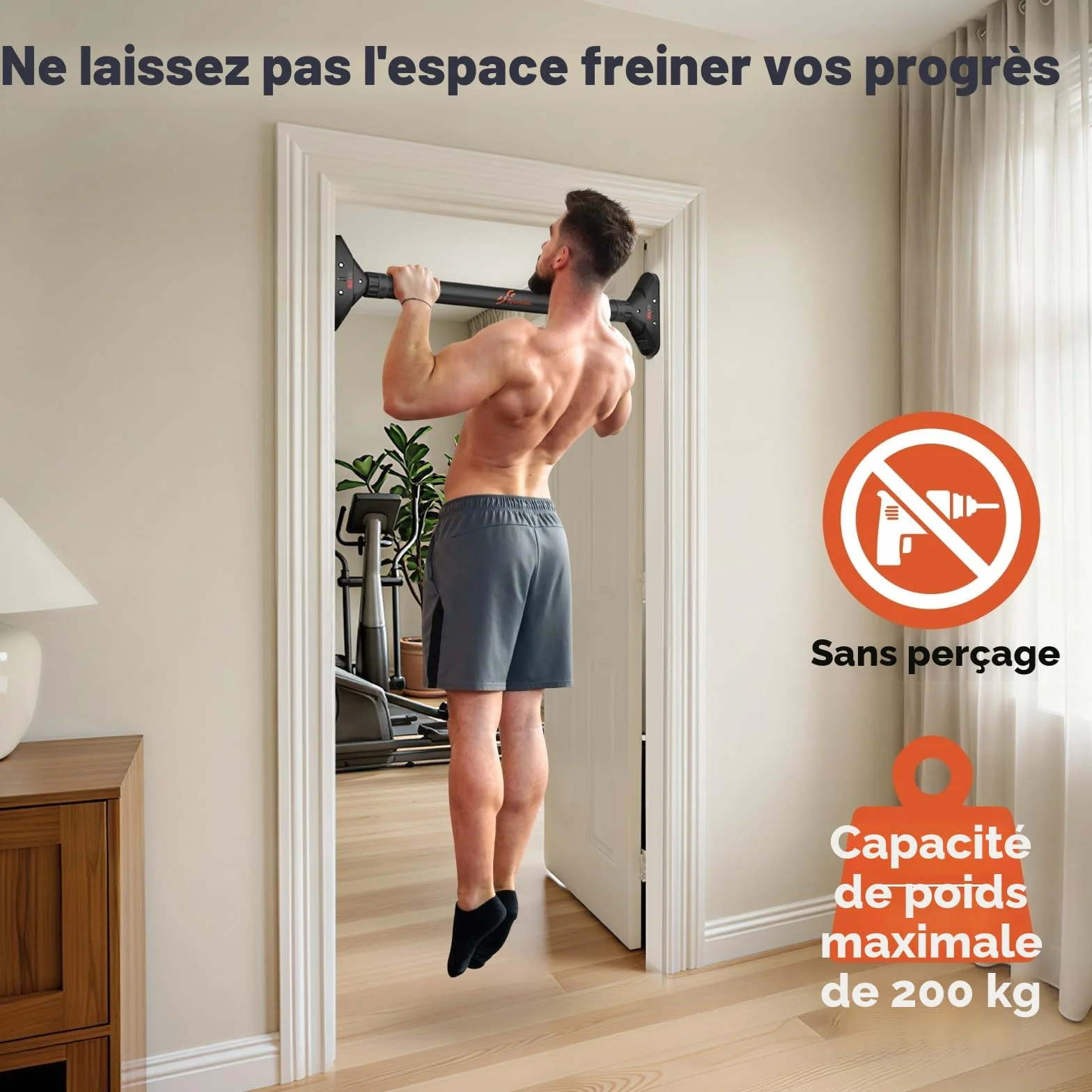 Sportneer Barre de Traction pour Porte sans vis réglable 75-94 cm 200 kg