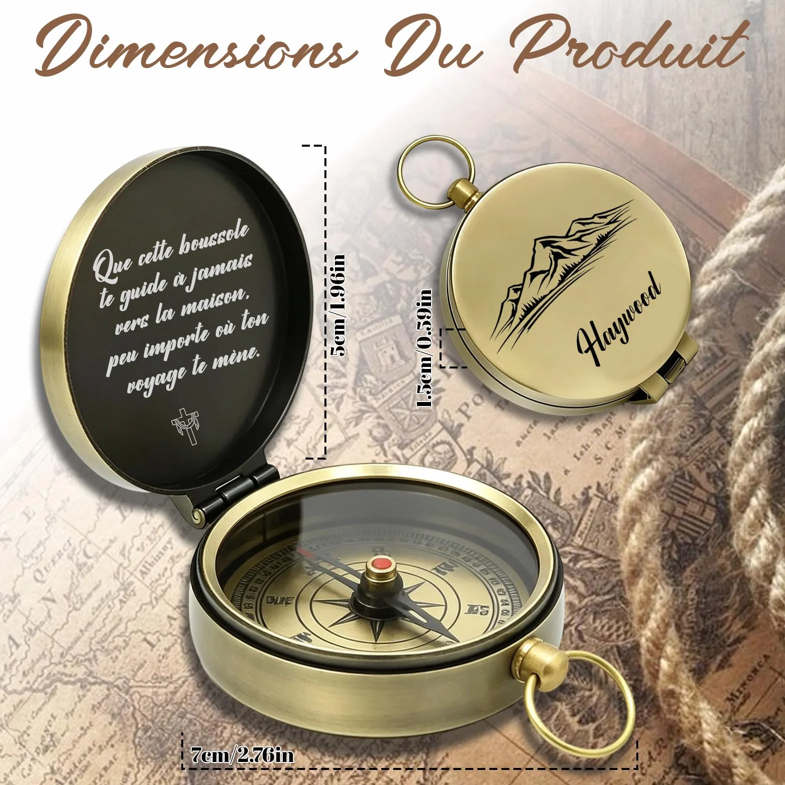 Boussole Personnalisée avec Nom Gravure Texte Icône Cadeau Homme Femme Aventurier