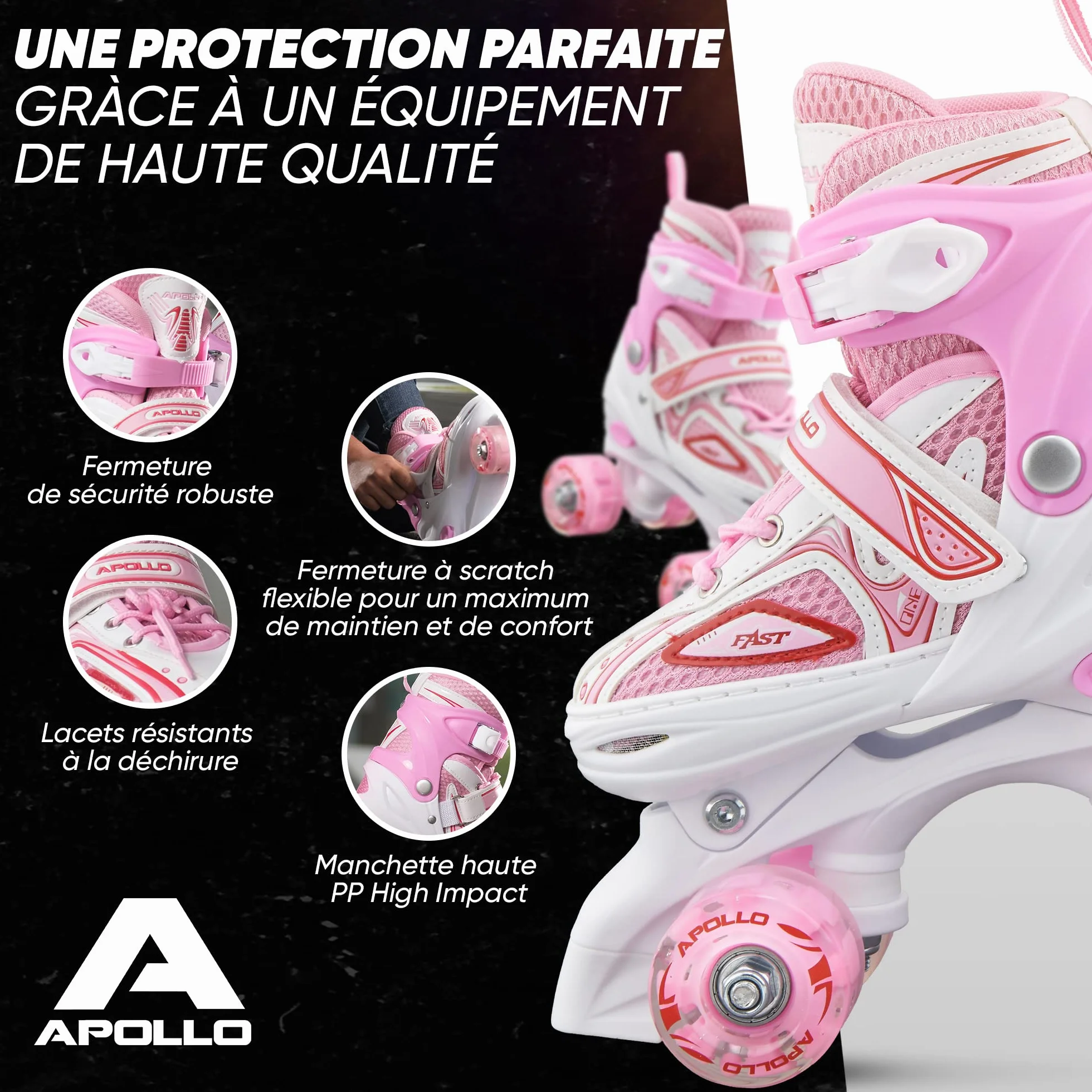 Apollo Super Quad X Pro Patins à roulettes LED Enfants Débutants