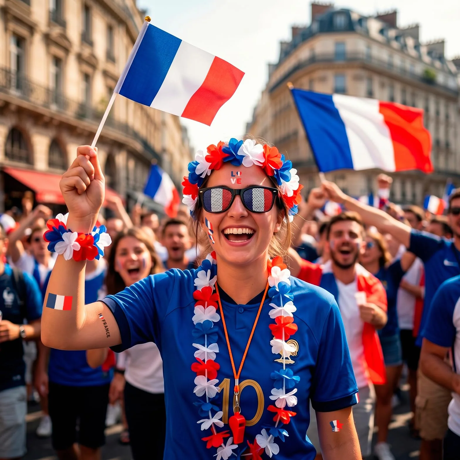 Kit Supporter France 2026 - Accessoires Bleu Blanc Rouge avec Lunettes Drapeau, Sifflet, Drapeaux, Stickers et Lei