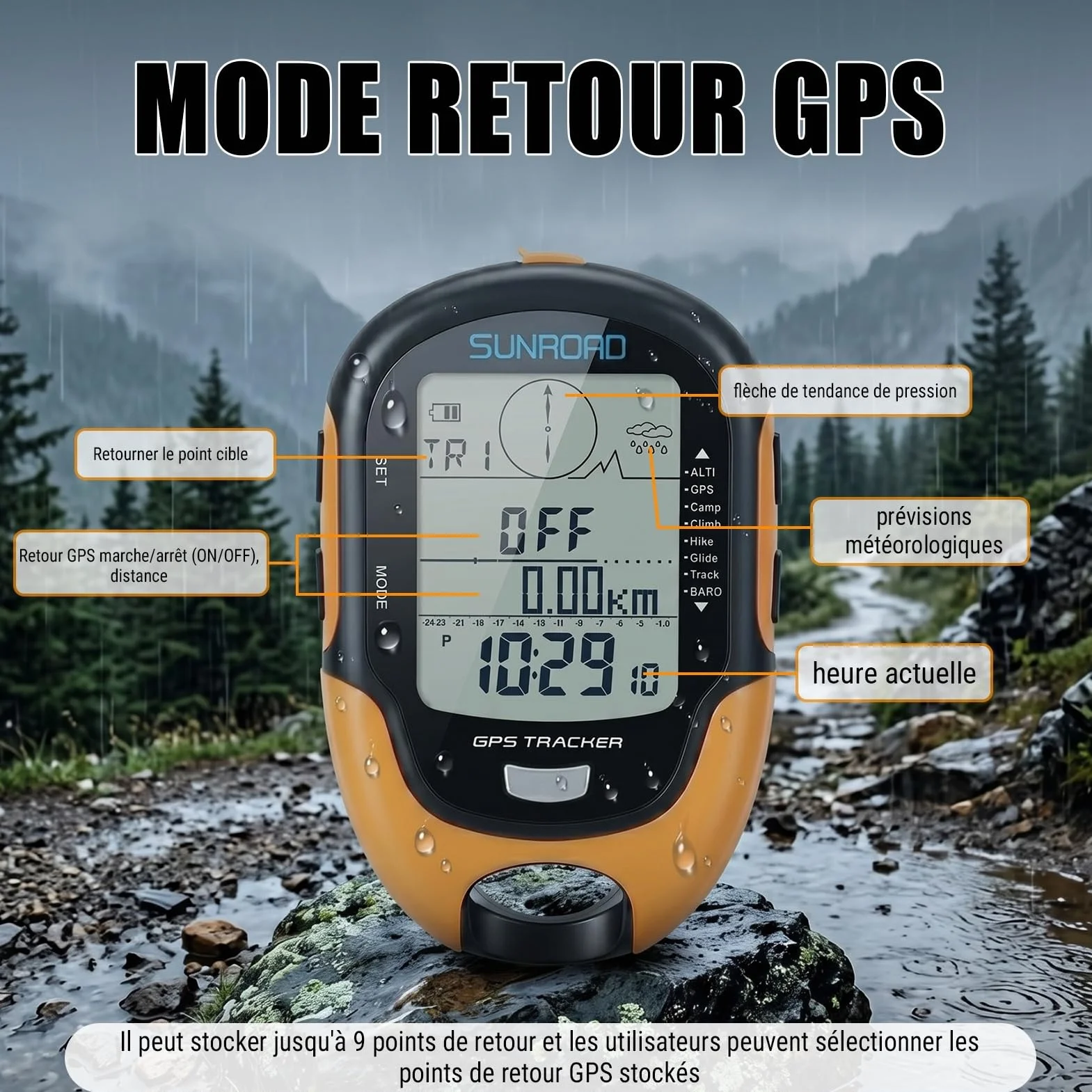 Altimètre Baromètre GPS Haute Précision IPX4 avec Boussole Thermomètre Hygromètre