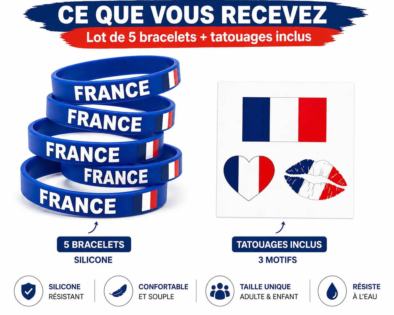 Bracelet Silicone Bleu Drapeau Français Lot de 5 – Supporter Coupe du Monde Football 14 Juillet