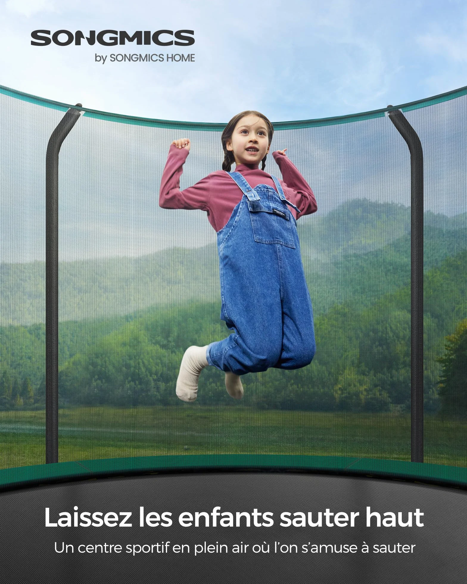 SONGMICS Trampoline pour Enfant avec Filet de Protection, Coussin de Sécurité, Échelle et Cadre en Acier