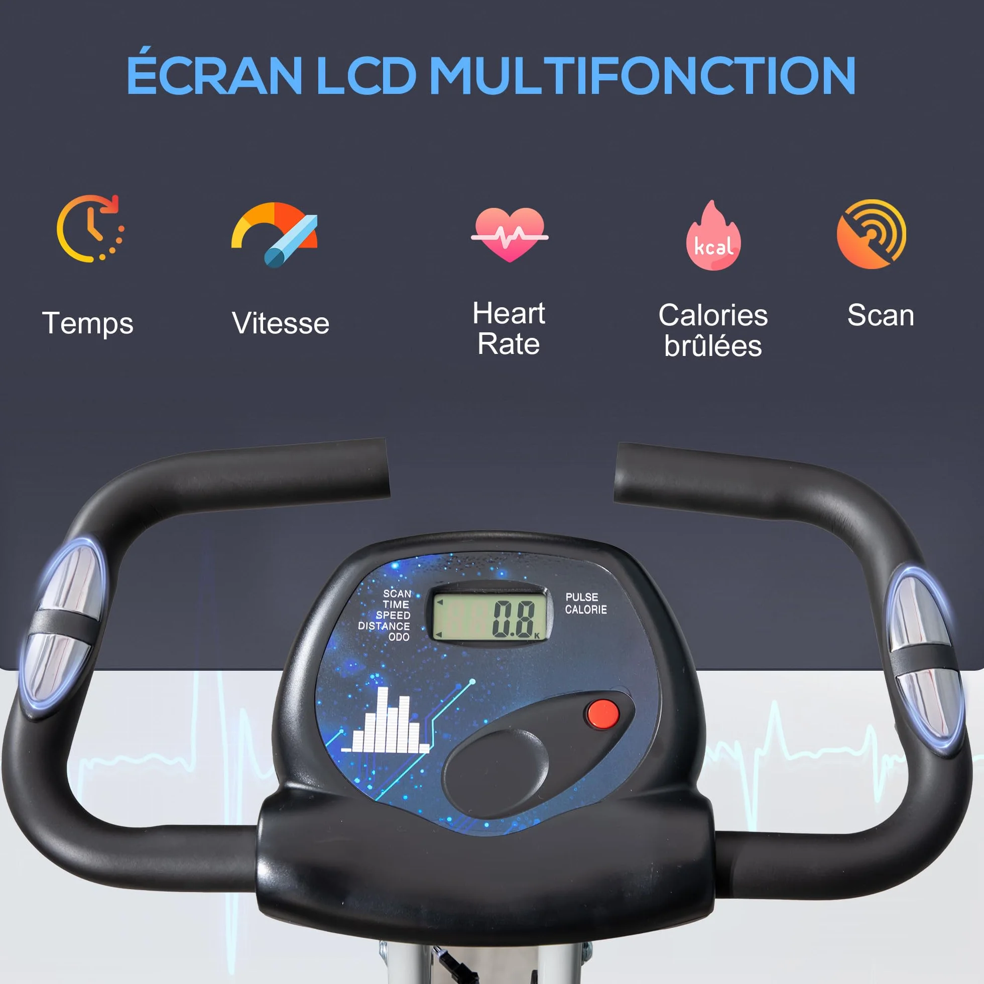 HOMCOM Vélo d'Appartement Magnétique Pliable avec 8 Niveaux de Résistance, Capteur de Pouls - Home Trainer Silencieux