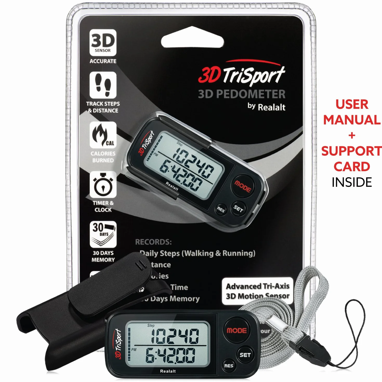 Realalt 3DTriSport Podomètre avec Clip, Mémoire 30 Jours, Compteur de Pas Précis, Distance Miles/km, Calories, Suivi Temps Exercice