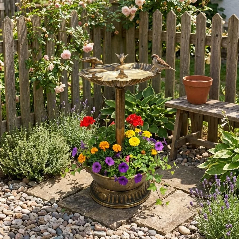 Gardenkraft Bain pour Oiseaux Coquille de palourde avec Base jardinière Bronze