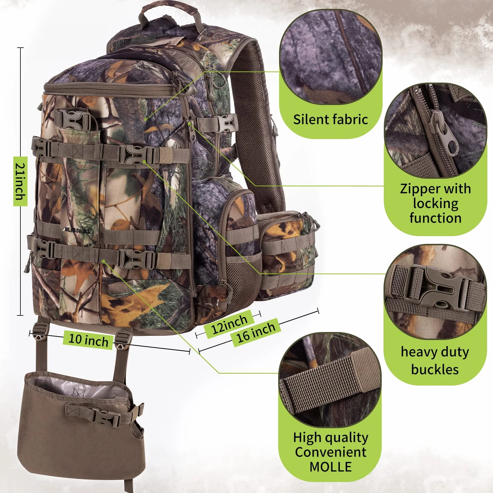 BLISSWILL Grand sac à dos de chasse 40 l imperméable avec housse de pluie