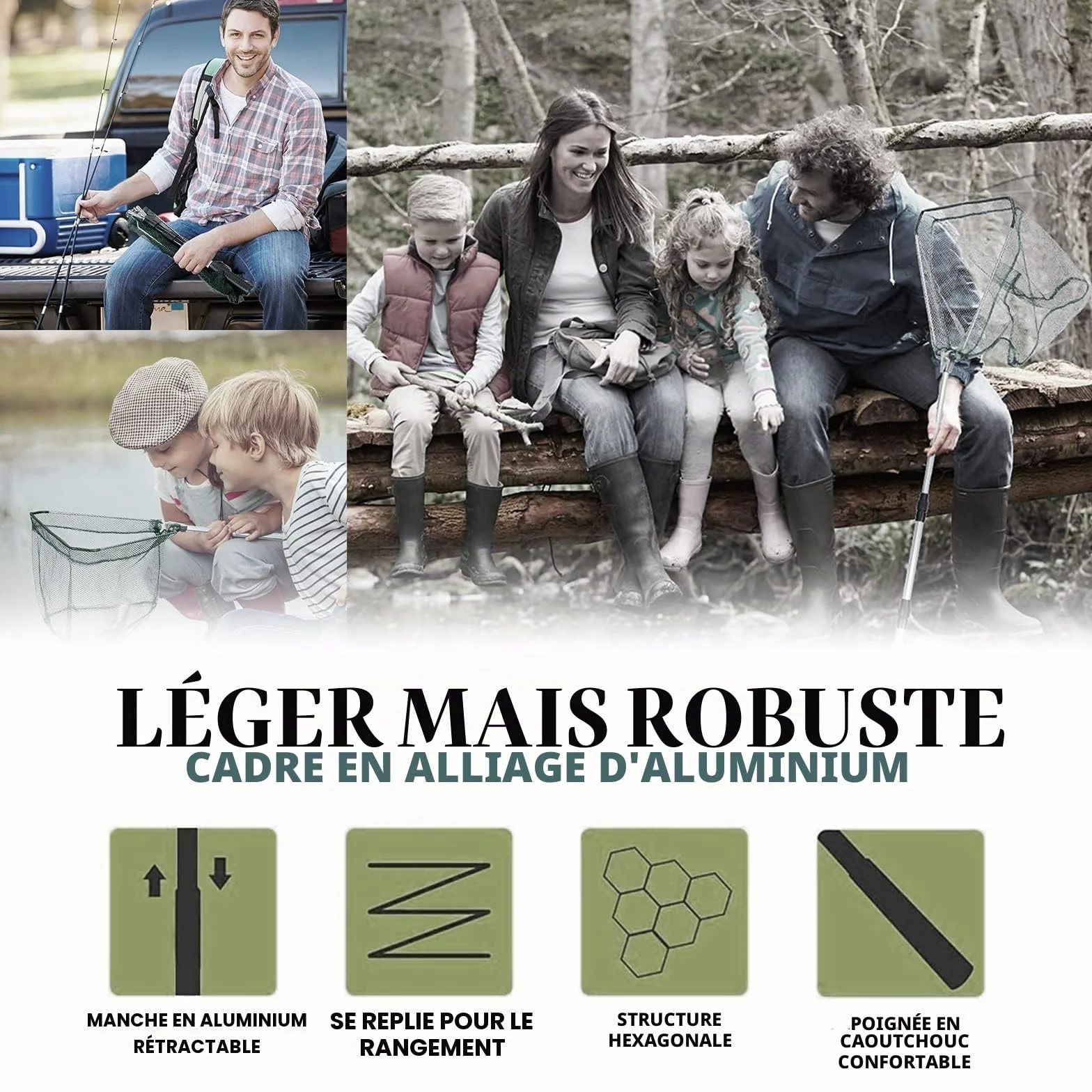 KK'S GLAMS Épuisette de pêche télescopique pliable 1,5 m alliage d'aluminium