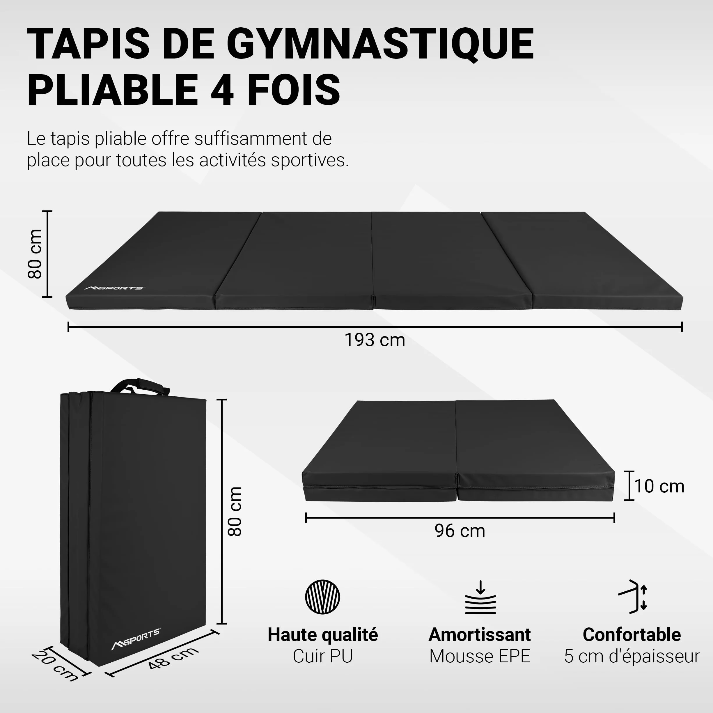 MSPORTS Tapis de gymnastique pliable 190 x 80 x 5 cm Tapis de sport