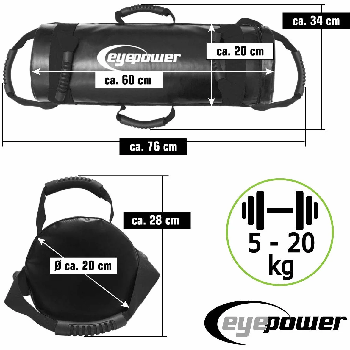 EYEPOWER Power Bag de Musculation 5-20kg 20x60cm Sandbag