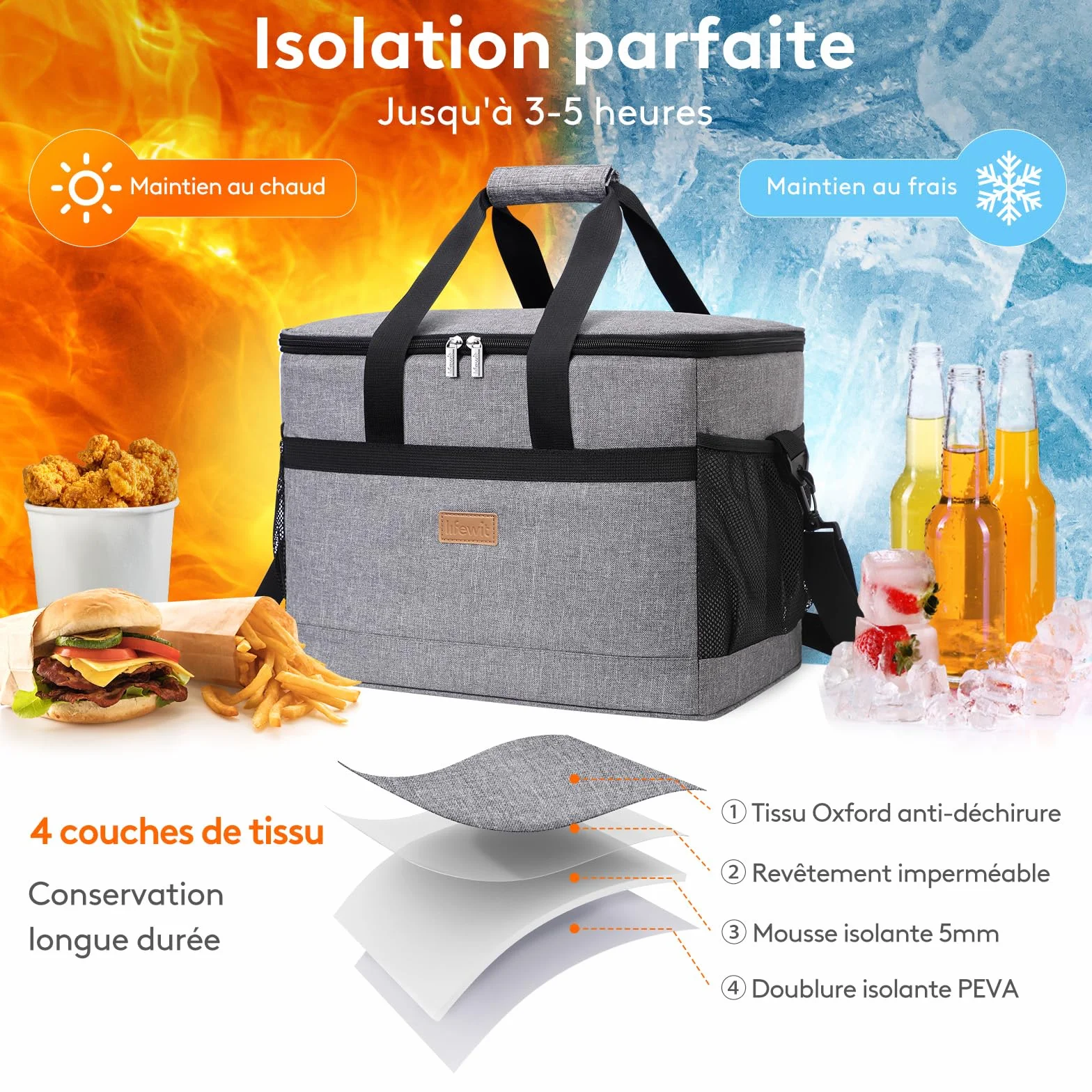 Lifewit Sac Isotherme 30L, Glacière Souple Portable pour Voyage, Pique-Nique, Camping, Gris