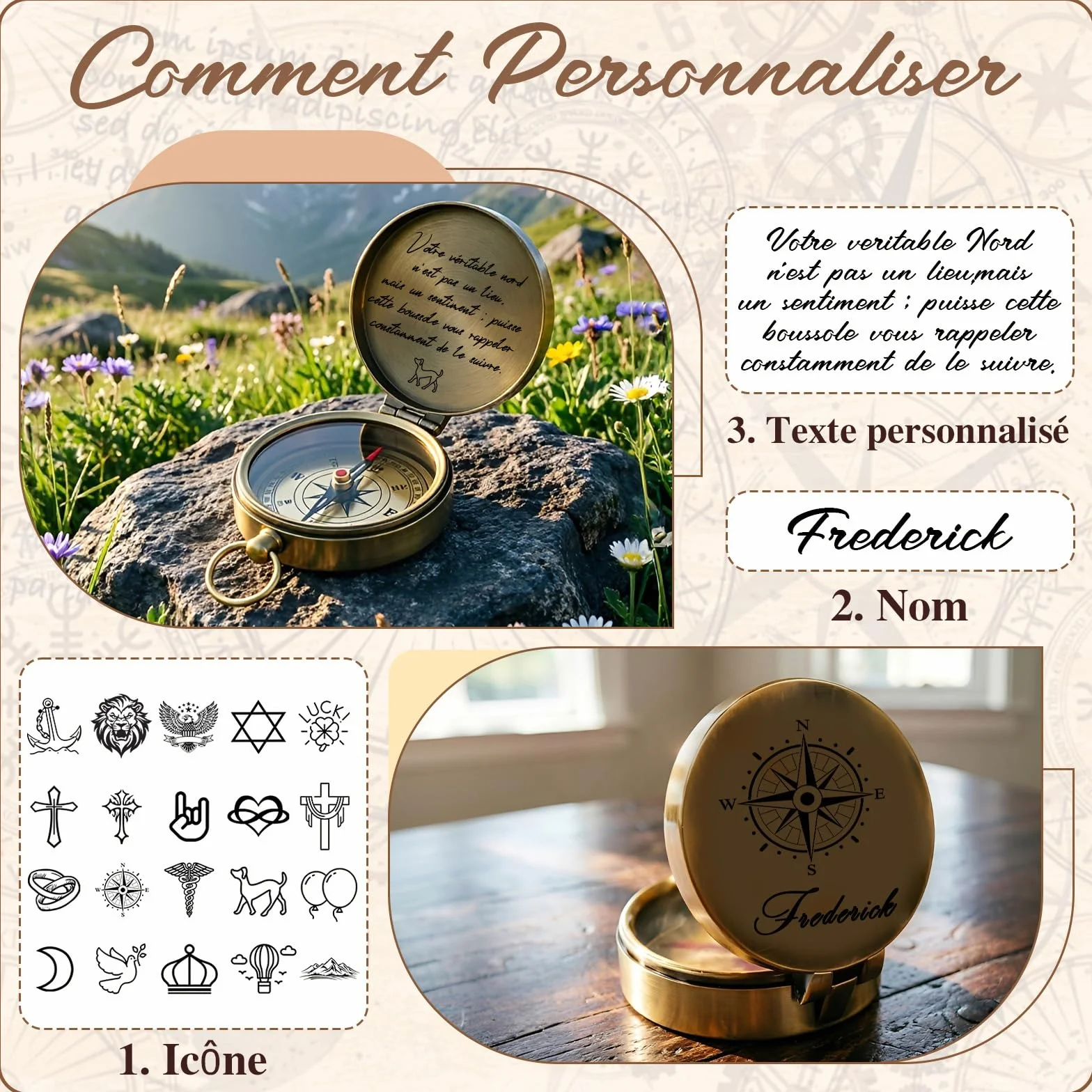 Boussole Personnalisée avec Nom Gravure Texte Icône Cadeau Homme Femme Aventurier
