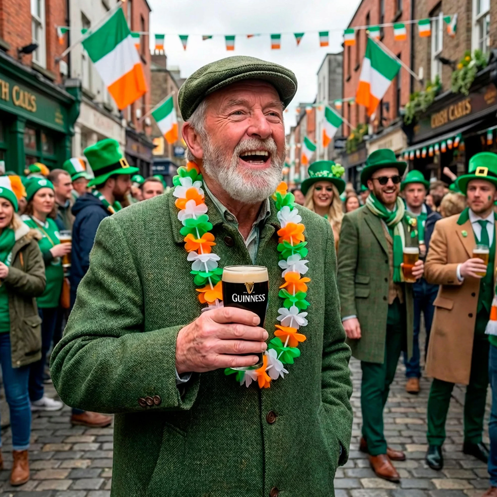 Colliers Hawaïens Saint-Patrick 10 pièces – Fleurs Tissu Vert Blanc Orange – Accessoire Fête Irlandaise Rugby