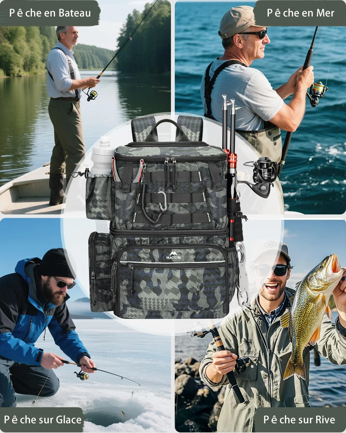MATEIN Sac de Pêche Étanche avec 4 Boîtes de Rangement, Porte-Canne, Compartiment Isotherme, Camouflage