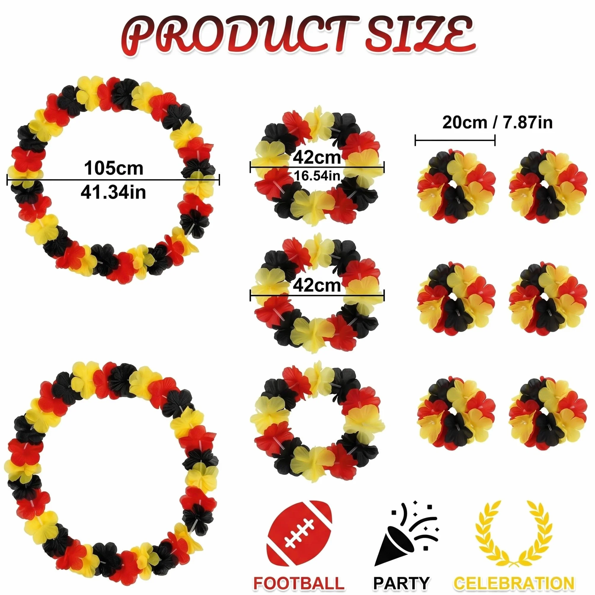 Lot de 3 Sets Collier Hawaien Fleurs Noir Rouge Jaune 12 Pièces Accessoire Supporter Football
