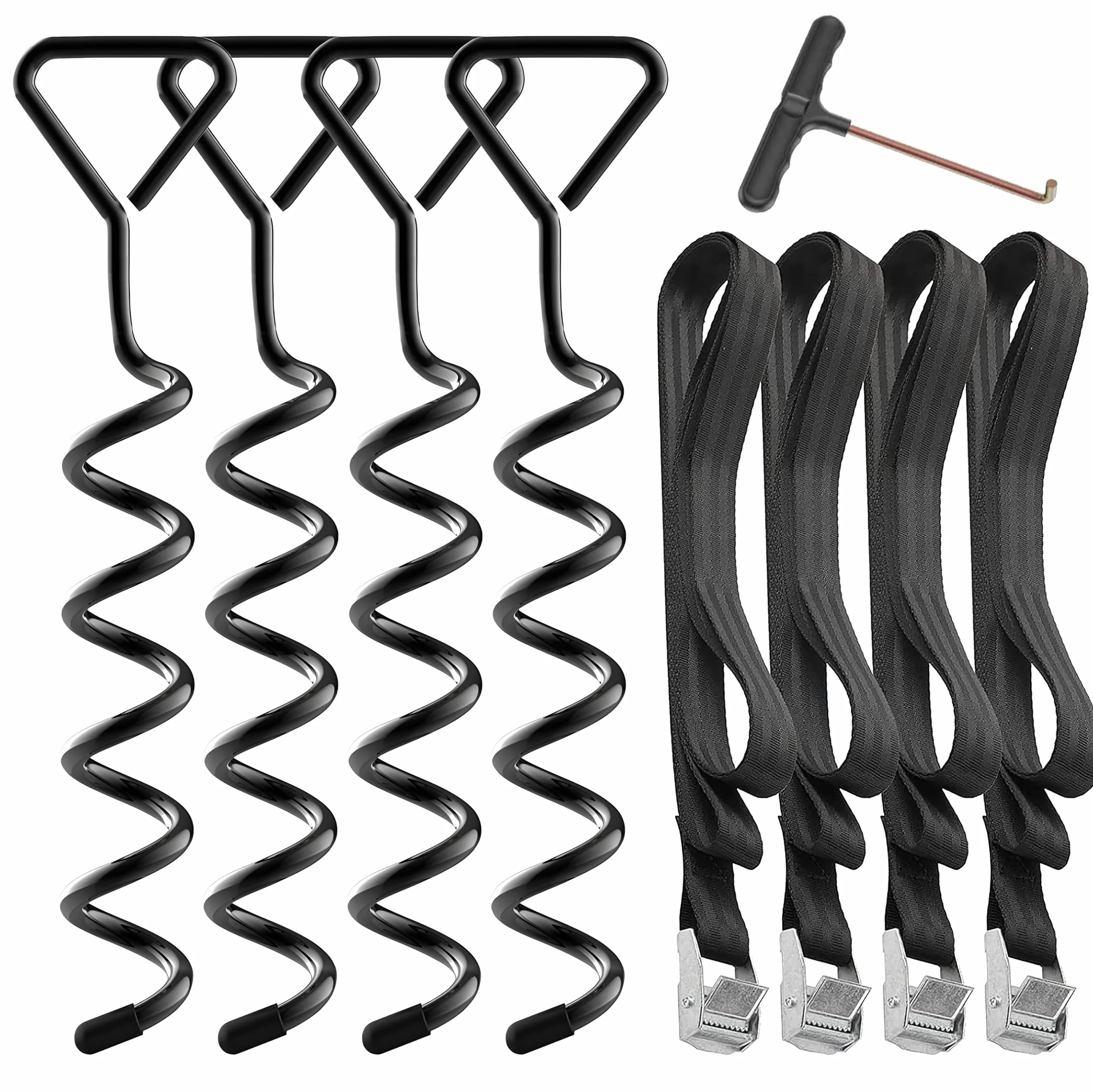 Piquets d'ancrage pour Trampoline Kit d'ancrage Au Sol Acier Galvanisé Inoxydables 4 Sangles Solides Noire