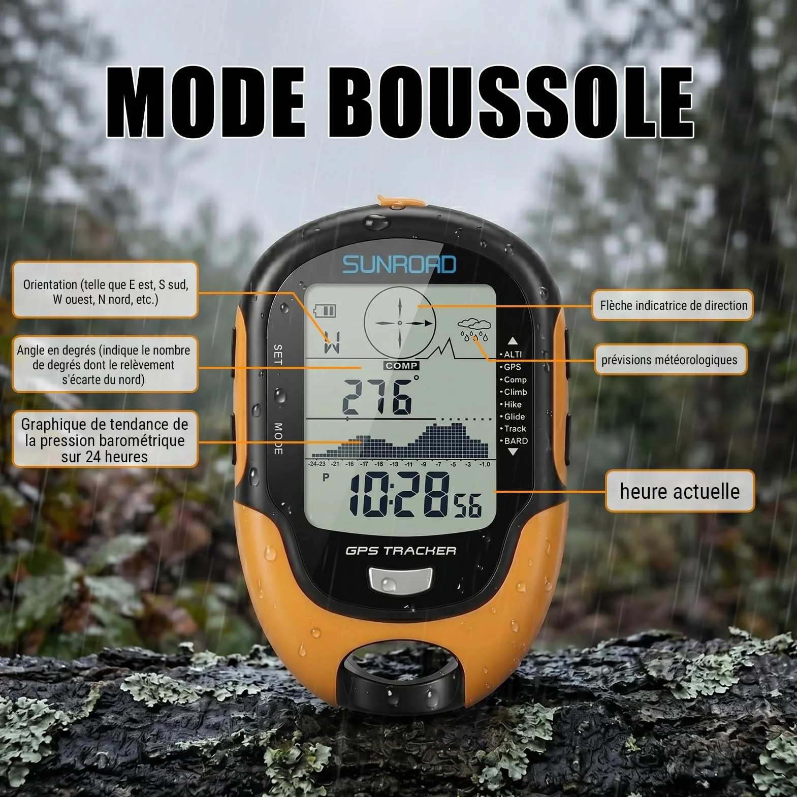 Altimètre Baromètre GPS Haute Précision IPX4 avec Boussole Thermomètre Hygromètre