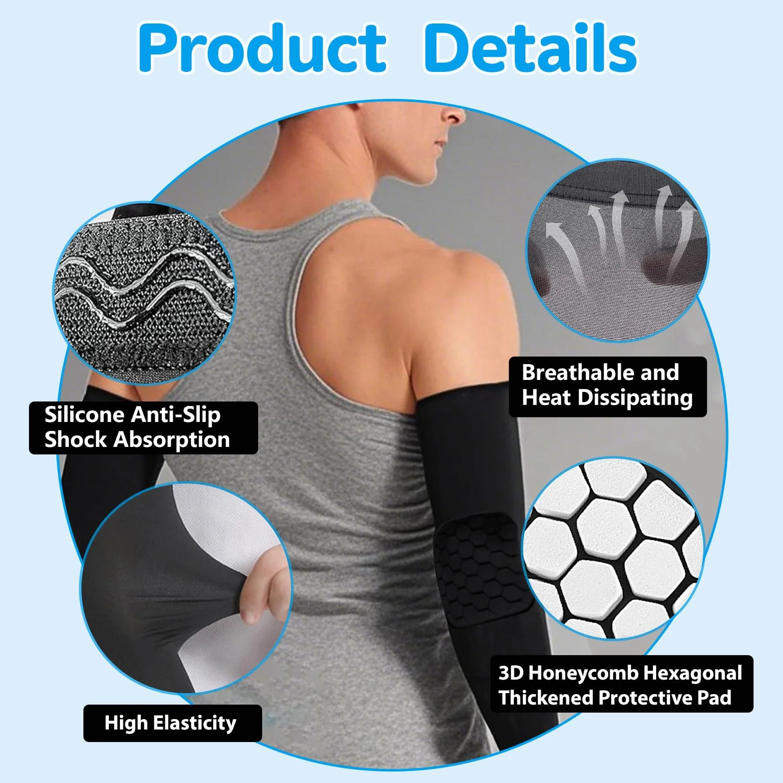 Coudiere Rembourré Manchon de Compression Bras Antidérapant Sport Protections Volleyball Football Basketball Handball 1Pair