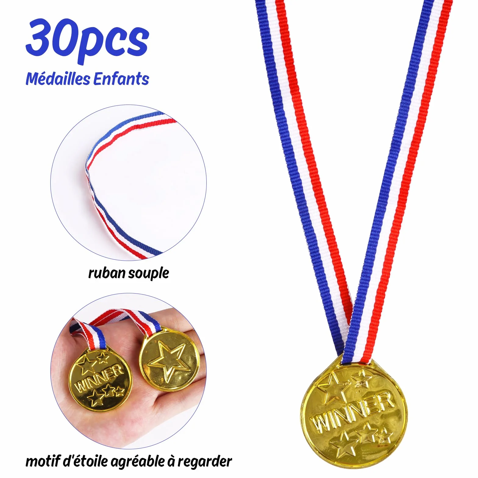 Médailles Enfants 30 Pièces Médaille d'or avec Rubans Cou Plastique Récompense Jeux Scolaires