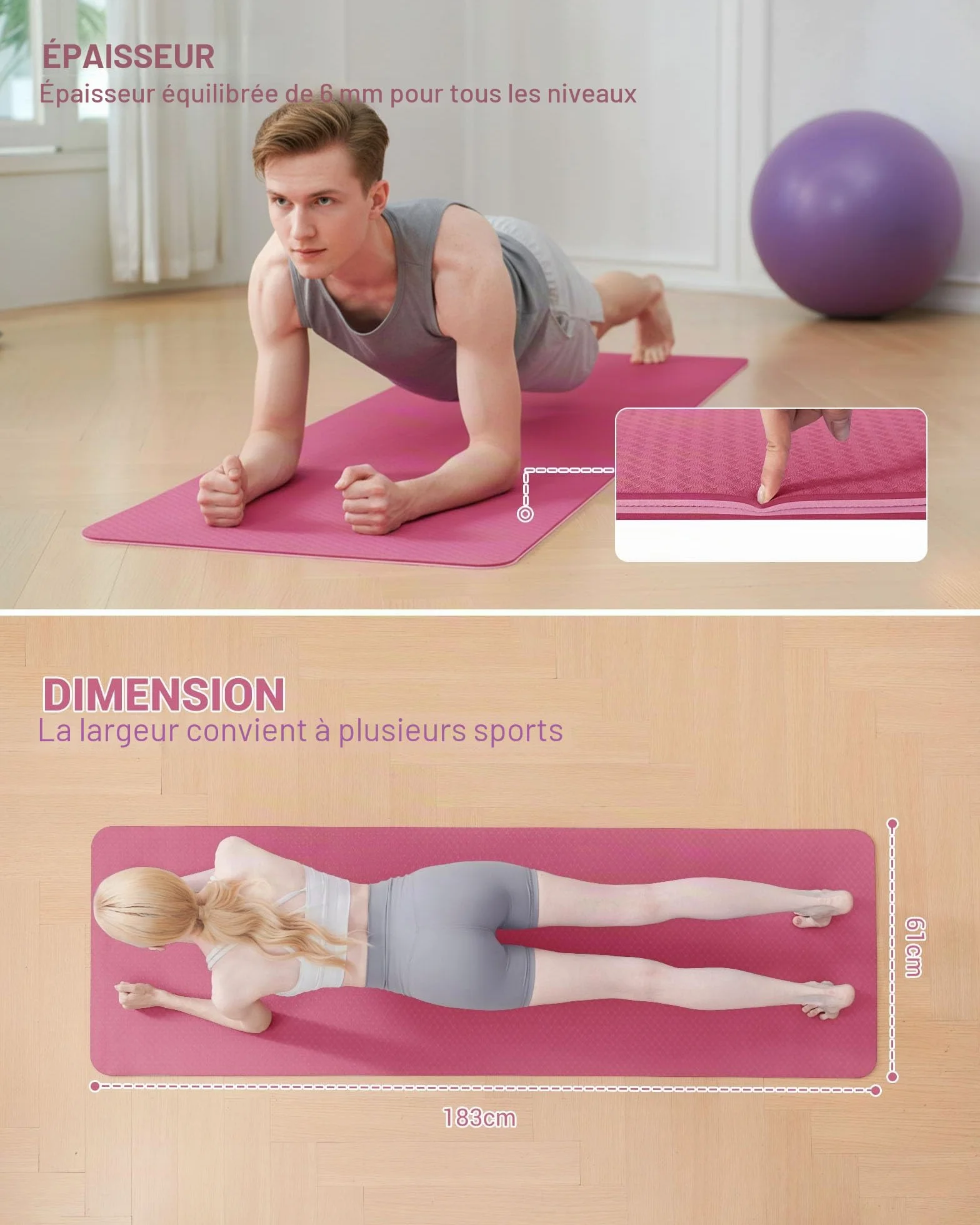 Good Nite Tapis de Yoga Antidérapant Fitness Pilates avec Sangle 183 x 61 x 0,6 cm