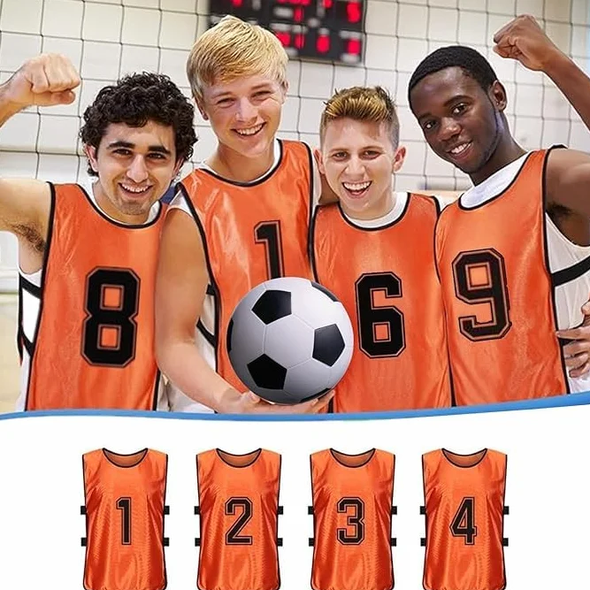 Chasubles de Football pour Adultes et Jeunes, Pack de 24 Maillots Numérotés en Maille - Orange & Vert