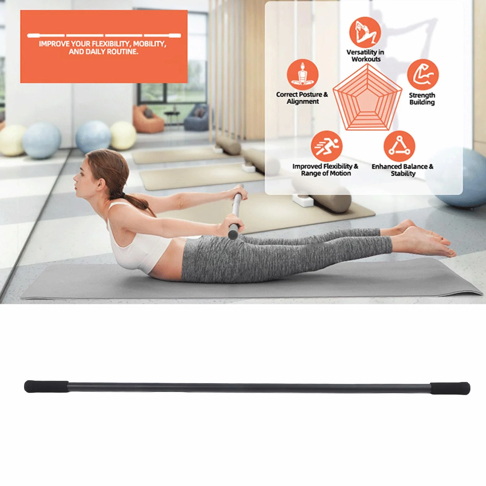 Jeu de Bâton d'étirement 4pces en Acier Yoga Stick Portable