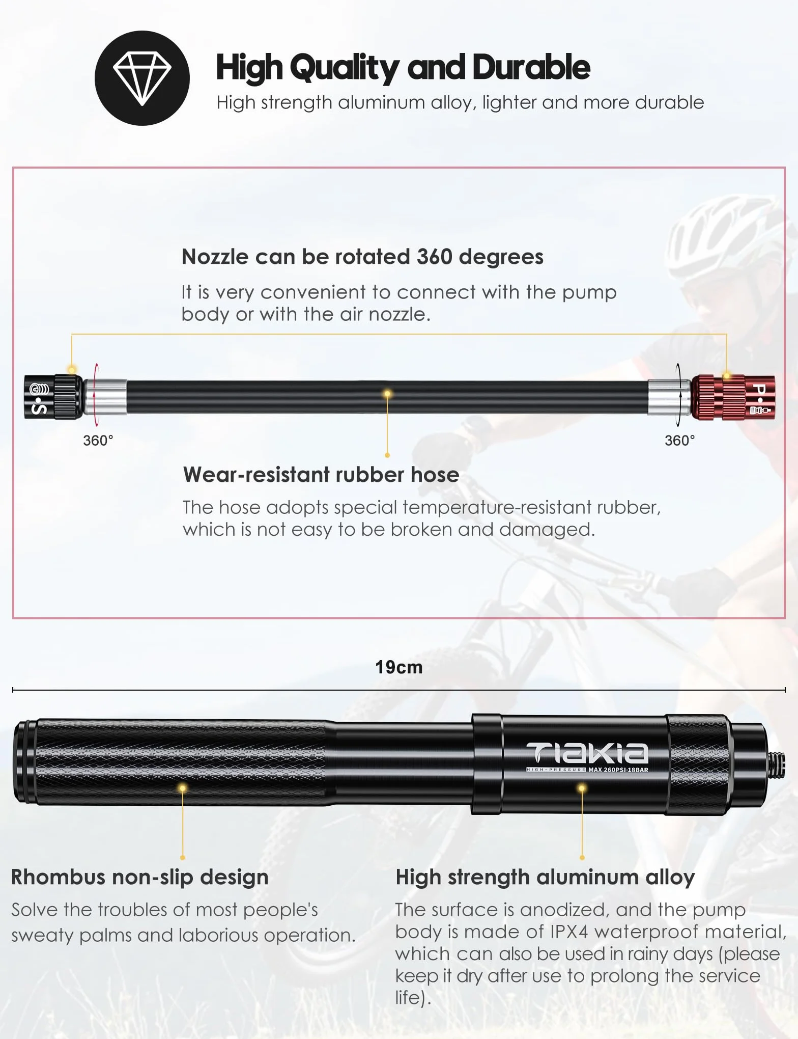 Tiakia Pompe à Vélo Haute Pression 260PSI Compacte Légère avec Support Valve Presta Schrader Dunlop