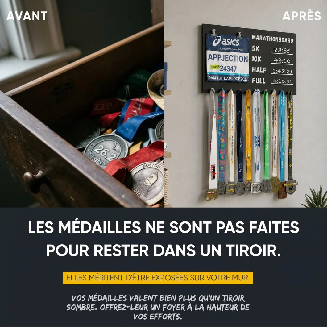 Présentoir pour Médailles de Coureur, Porte-Médailles pour Course à Pied et Marathon – Kit de Montage et Craie Inclus