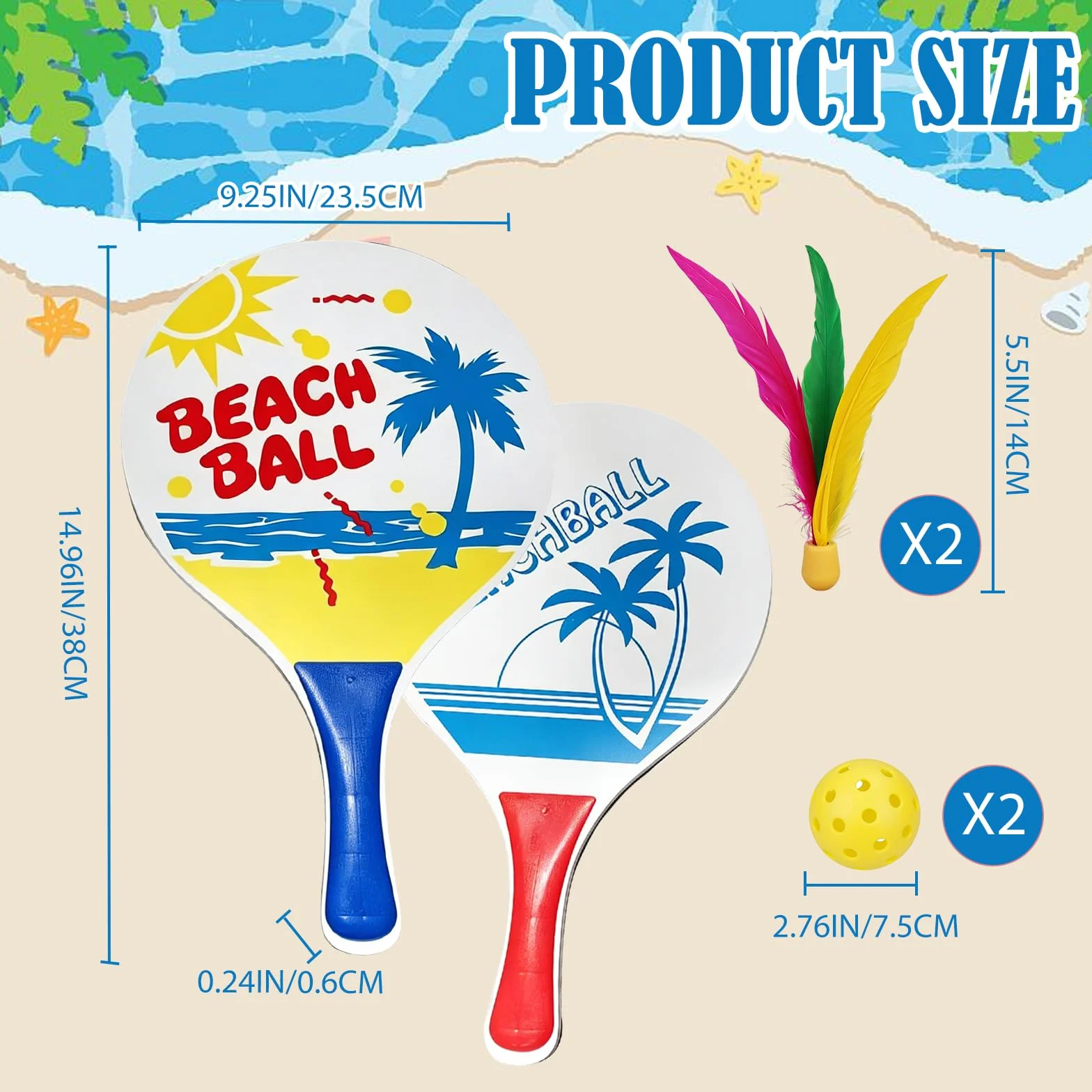 Set de Beachball Raquettes de Plage en Bois 2 Raquettes 2 Peak Ball 2 Volants
