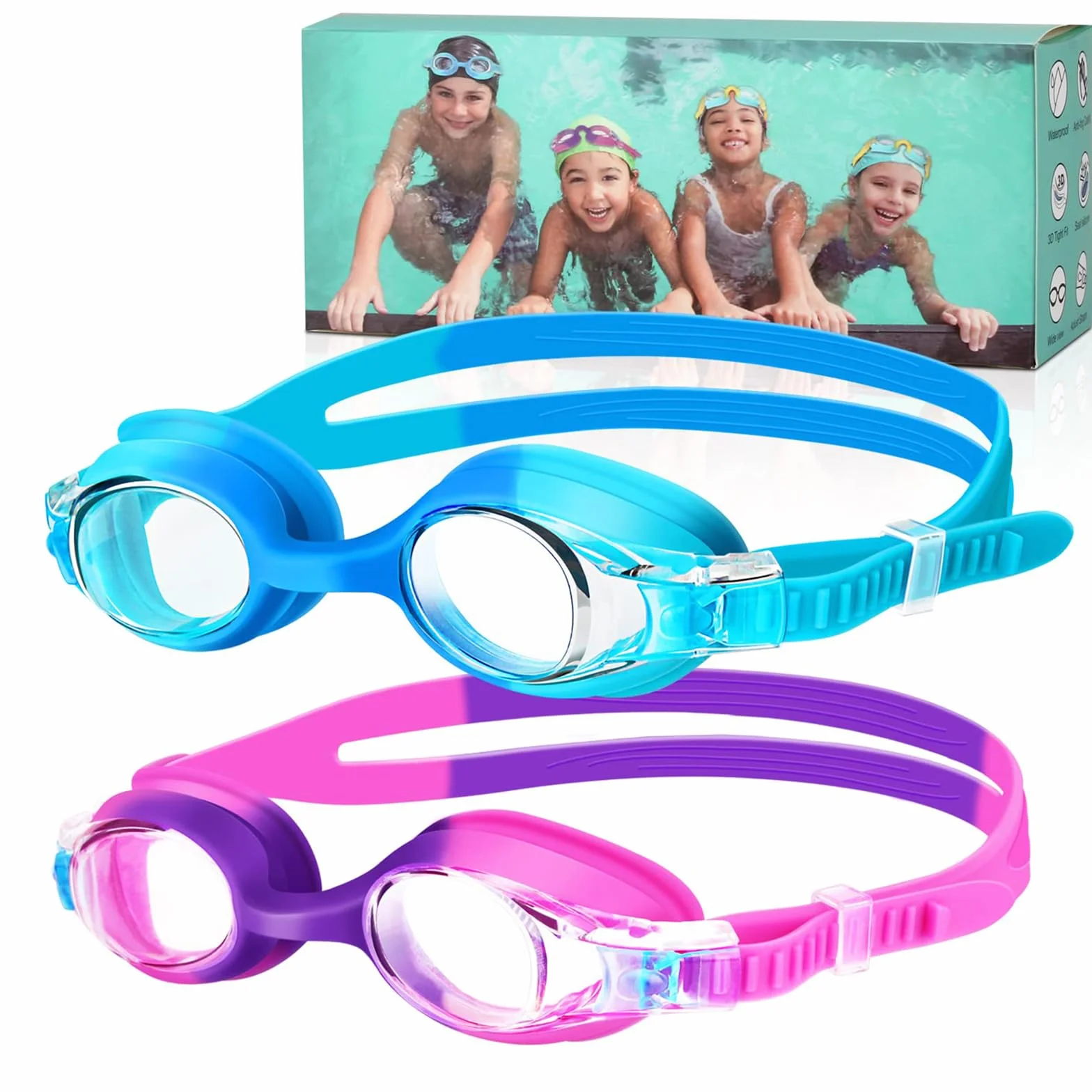 Lunettes Piscine Enfant Lot de 2 Anti-Buée Sans Fuite Silicone Souple 3-14 Ans