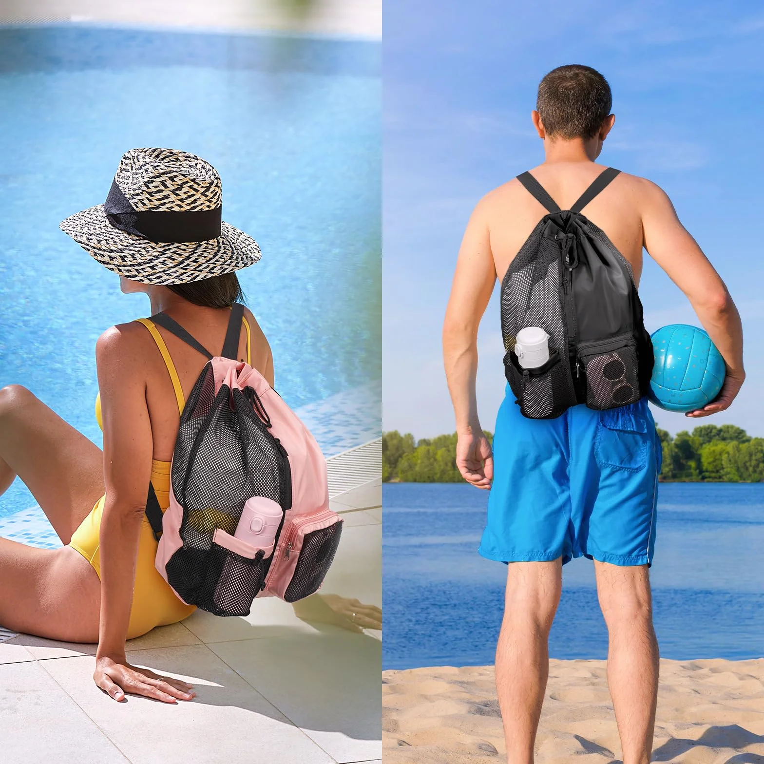 Sac Piscine Résistant à l'eau Sac Cordon Séparation Humide et Sèche, Sac de Sport en Maille pour Natation Gym Plage
