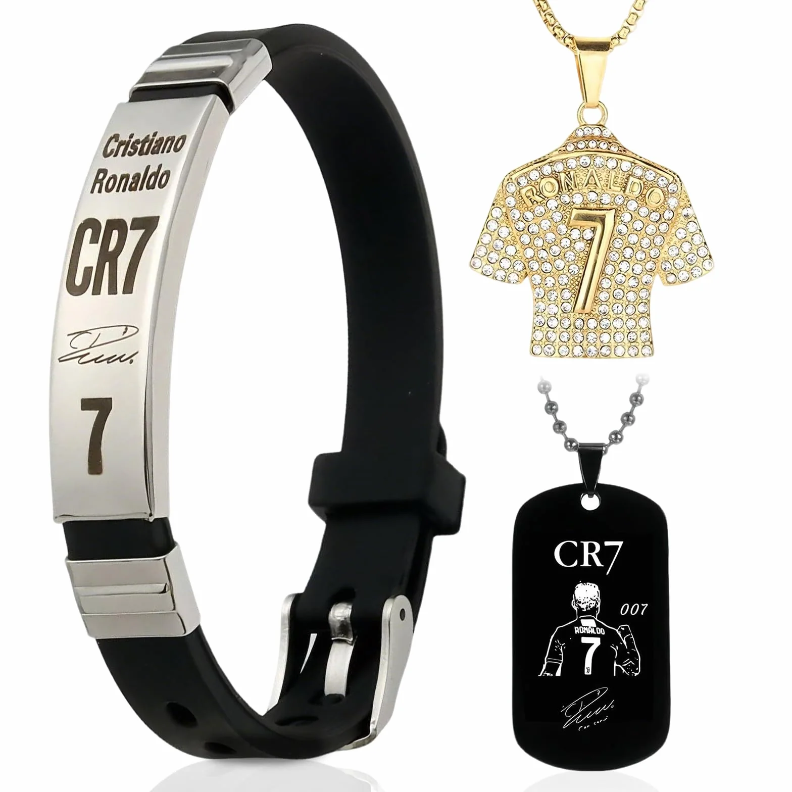 Bracelet CR7 Noir Pendentif Doré 3D Lot de 3 Accessoires Football Réglable