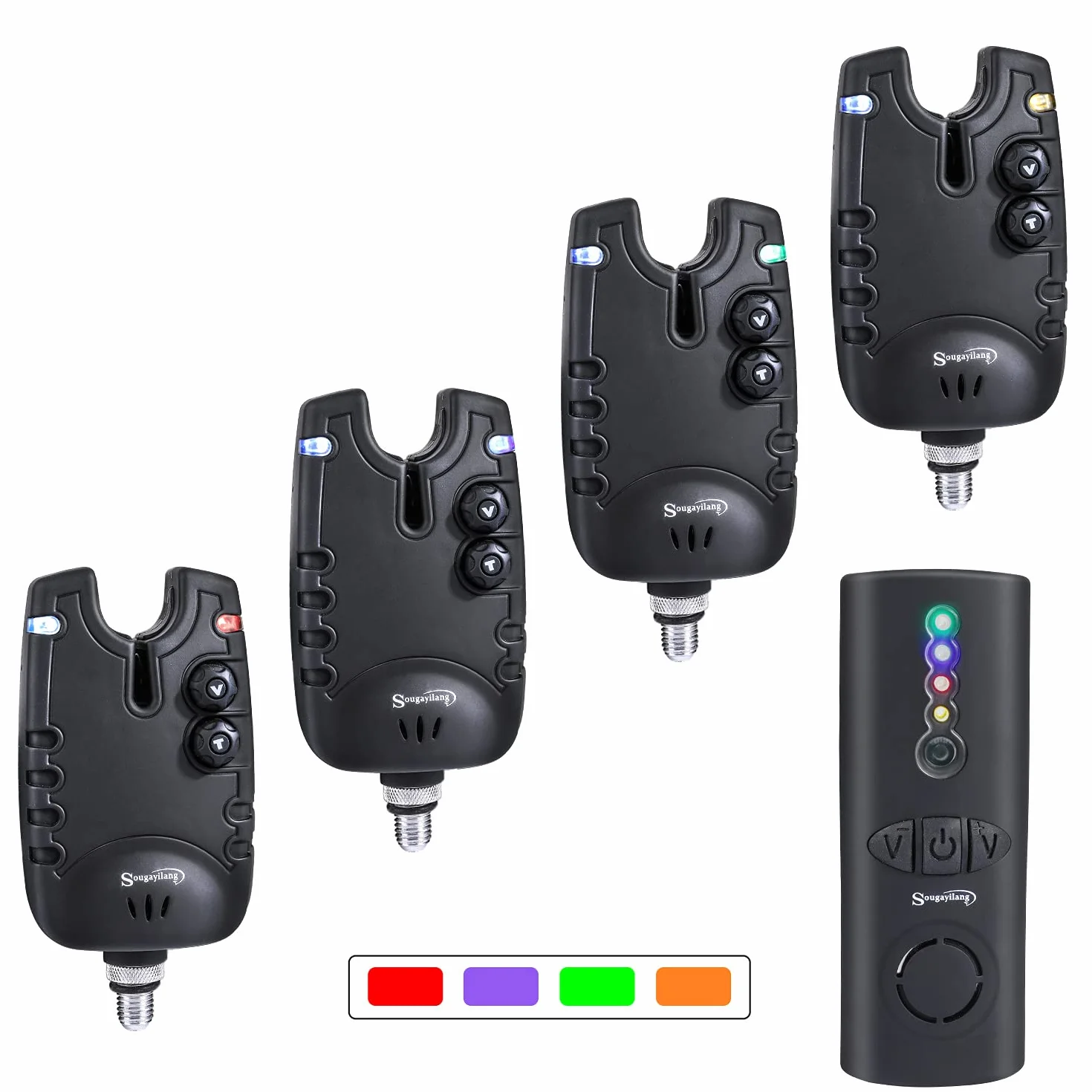 Sougayilang Ensemble d'alarme de Touche de pêche à la Carpe, 4+1 alarmes LED sans Fil avec boîte à Fermeture éclair Portable