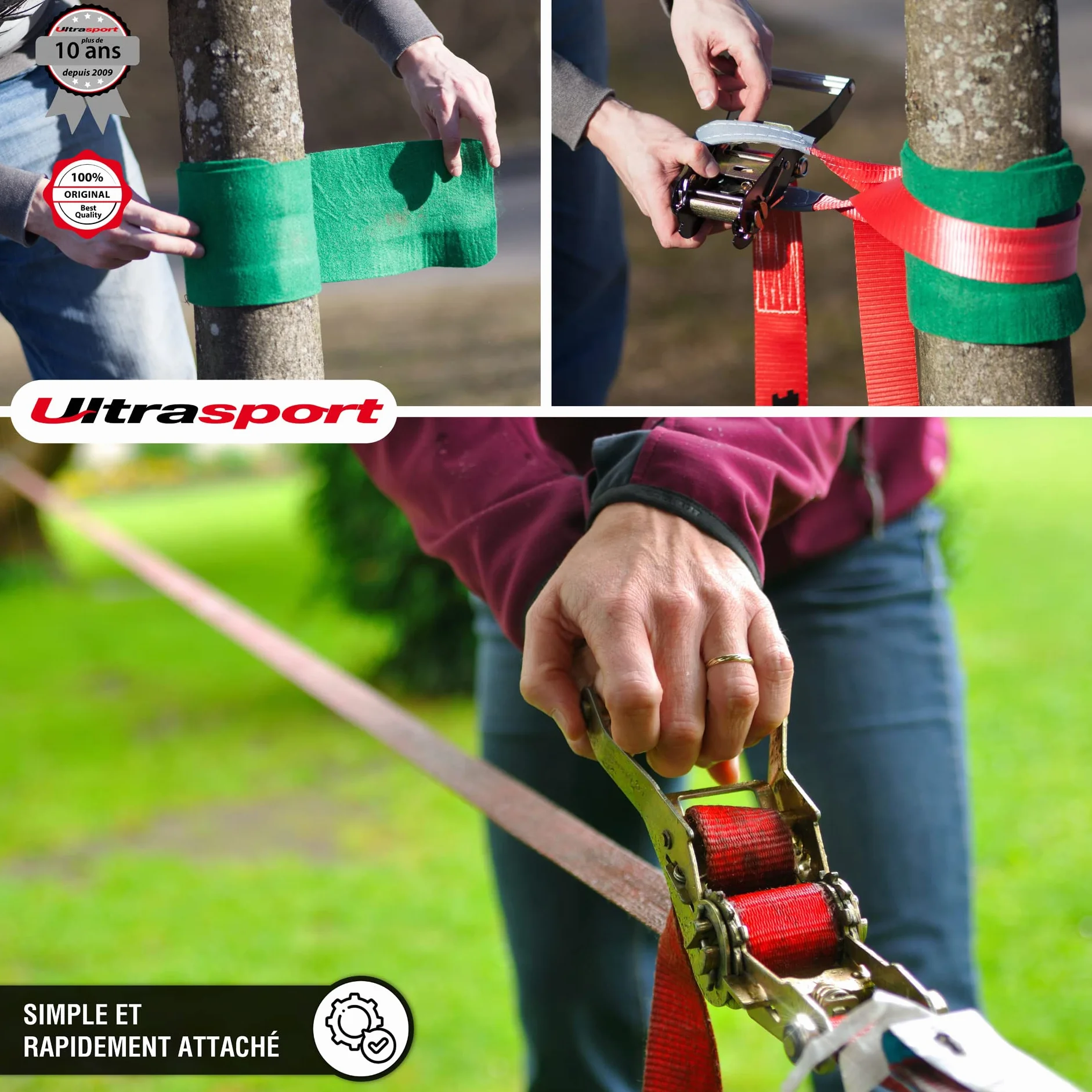 Ultrasport Slackline 15m-25m avec Cliquet et Sac Transport, Jeu Complet Certifié TÜV GS