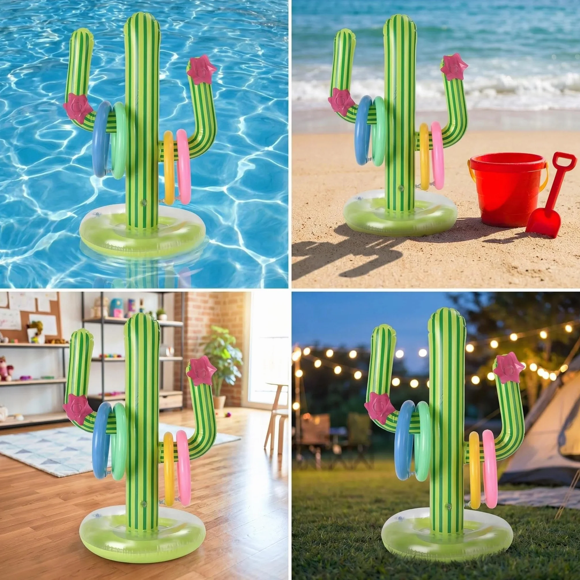 Cactus Gonflable Jeu de Lancer d'Anneau 7PCS Bouée Piscine Jouets d'Eau d'Été