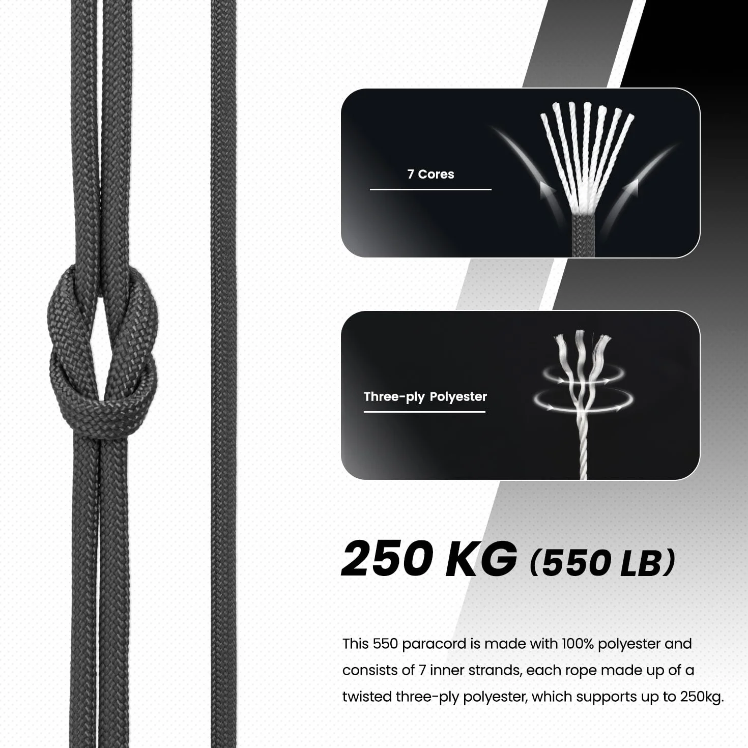 Abma Cord Paracorde 4mm 30m Type 3 550 7 Brins Noir Max 250 kg