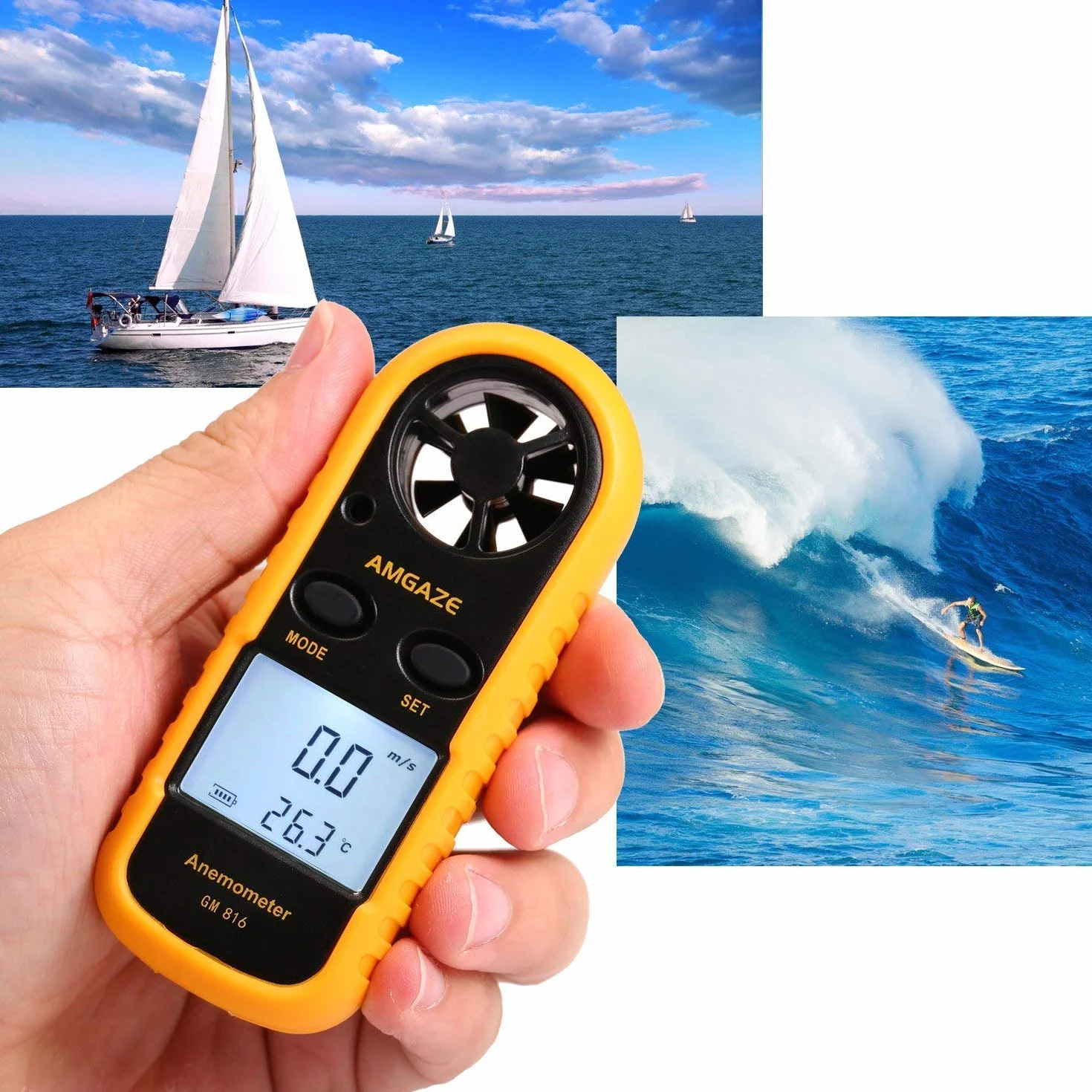 Anémomètre Numérique LCD GM816 - Mesure Vitesse du Vent et Airflow avec Thermomètre pour Surf, Cerf-Volant, Voile