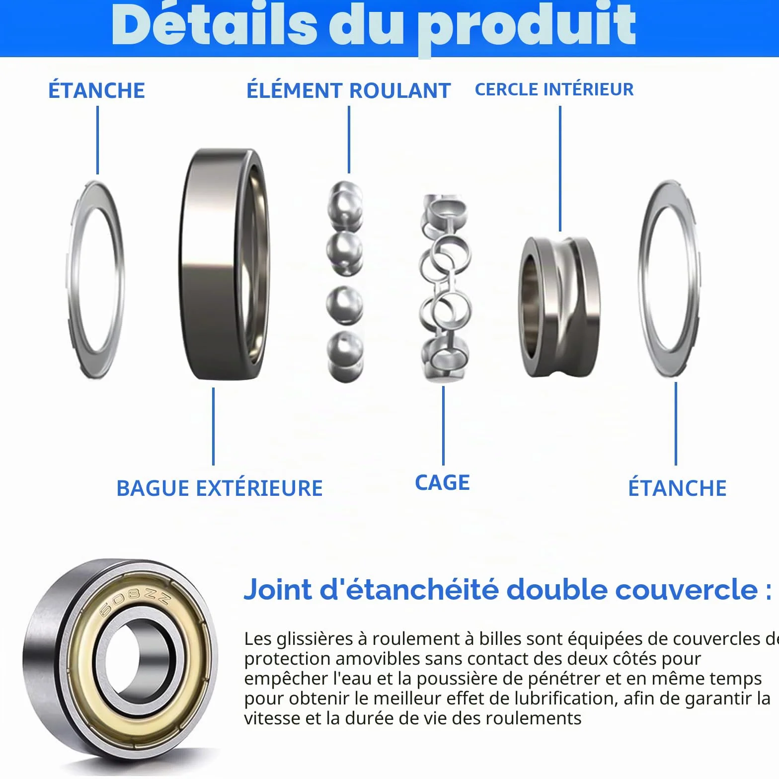 Roulement 608ZZ 8x22x7mm Roulements à Billes Double Blindage pour Skateboards Rollers