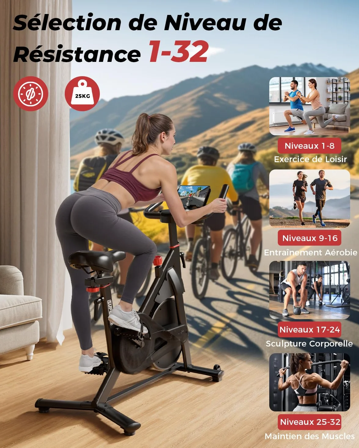 Superun Vélo d'Appartement 32 Niveaux Résistance Magnétique Connecté APP Charge Max 136KG
