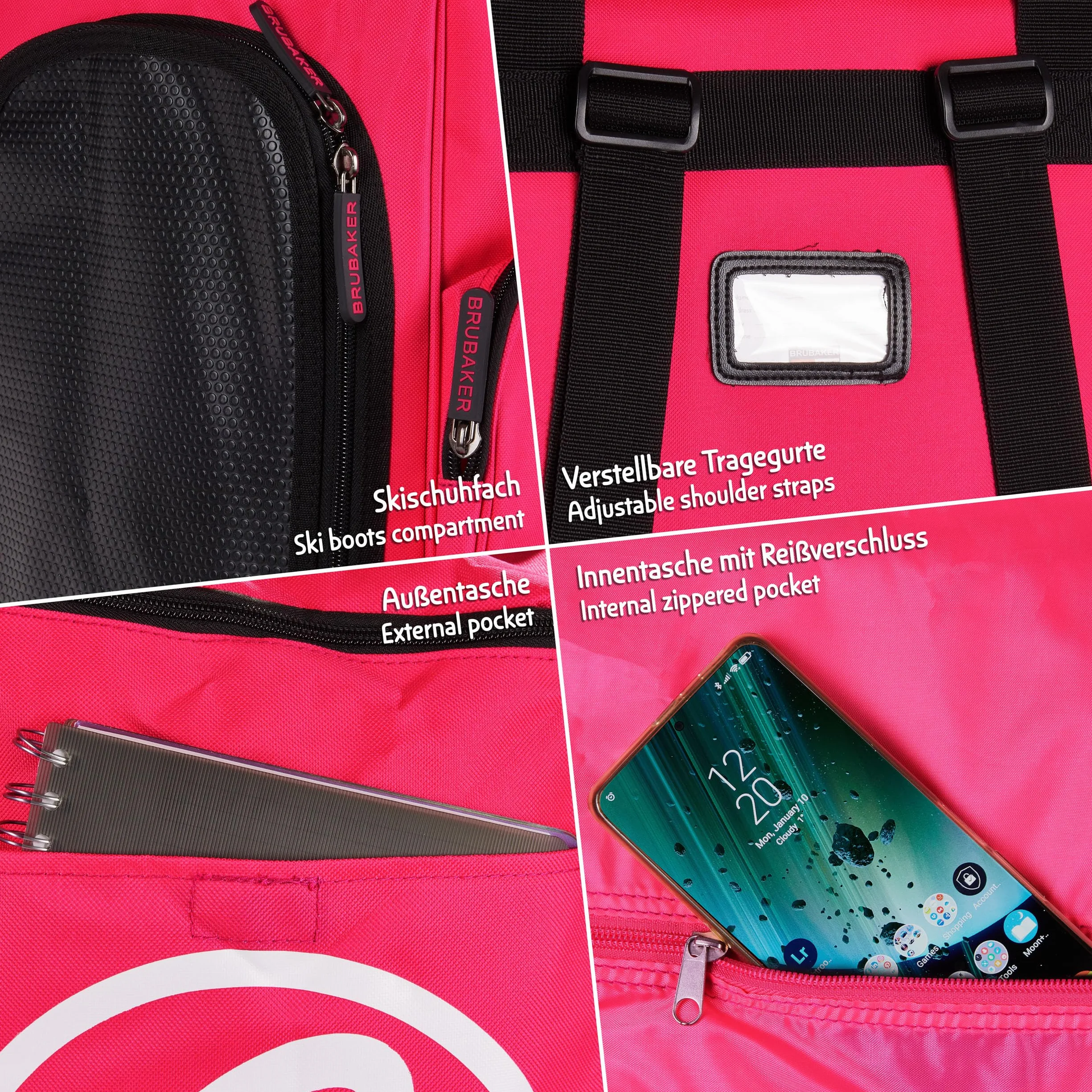 BRUBAKER Set de Ski Champion 170 cm Fuchsia Fluo Blanc Housse à Skis et Sac à Chaussures
