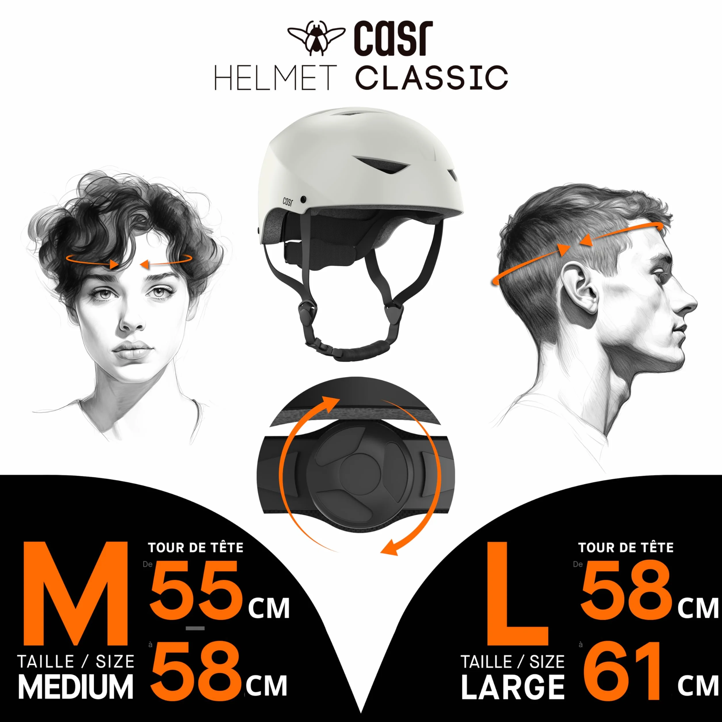 Casque Bol Certifié EPI pour Skate Vélo & Trottinette Electrique Clip de Serrage Ajustable Sangles en Nylon Gris Taille L