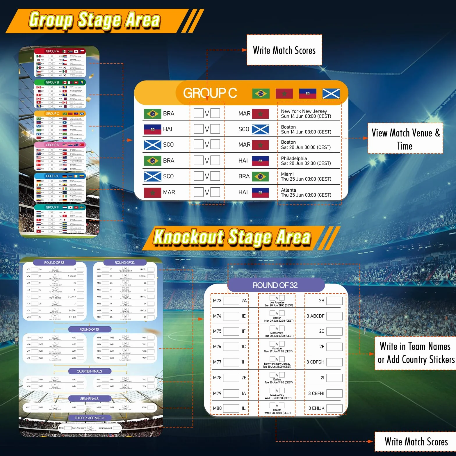 WALLFID 98x70cm Affiche Calendrier Coupe du Monde 2026, Heure Europe Centrale, Decoration Murale