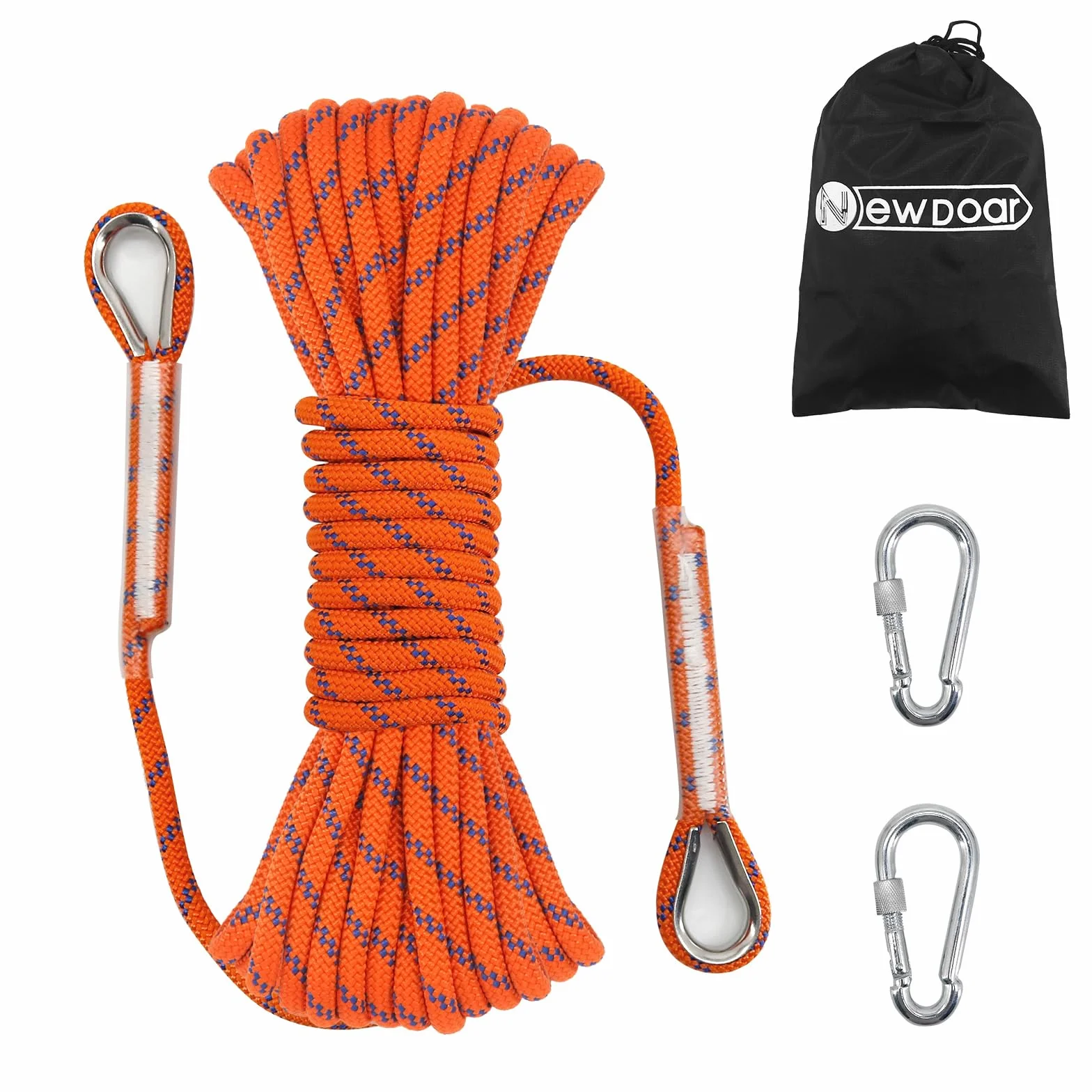NewDoar 14KN Corde d'escalade Statique 8mm Cordon Accessoire 10m 20m 30m 50m avec 2 Mousquetons Orange